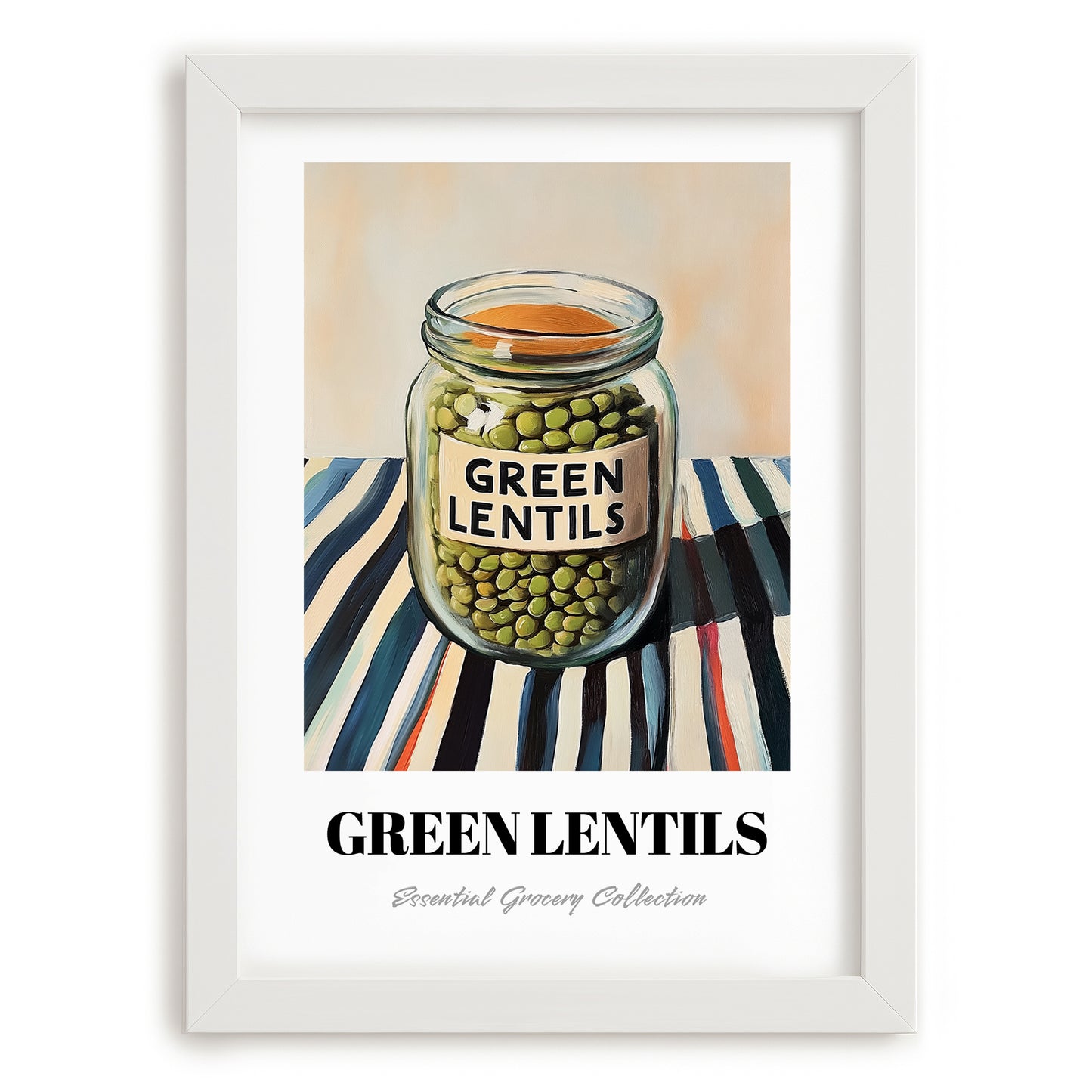 Green Lentils – on Striped Tablecloth, Pantry Wall Decor, placed in minimal white frame