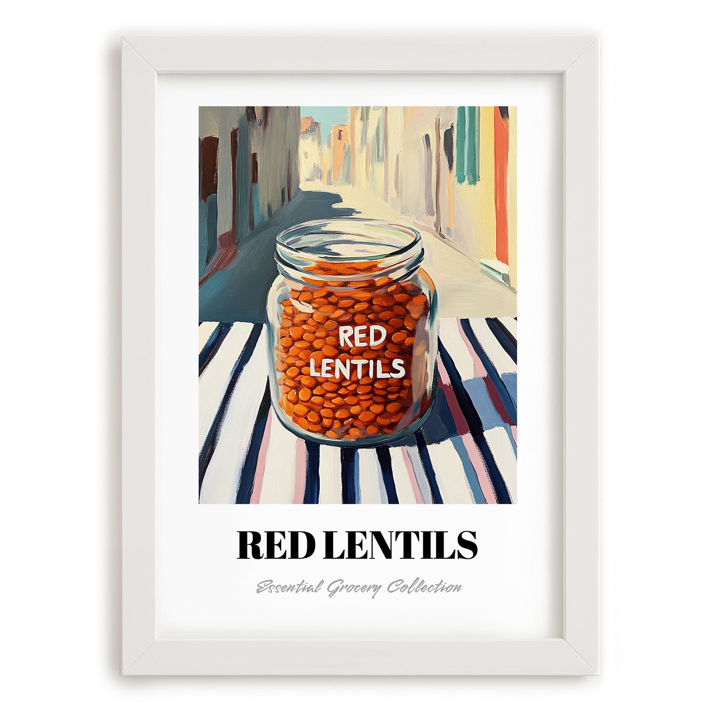Red Lentils – Italian Café on the Corner, Larder Still Life, placed in minimal white frame