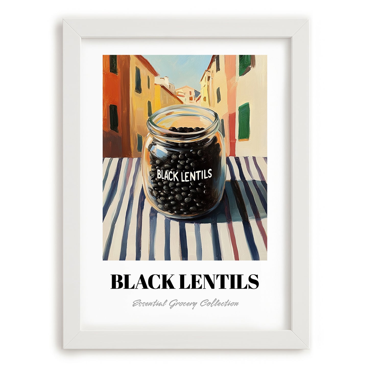 Black Lentils – Italian Street Café Scene, Food Shelf Painting, placed in minimal white frame