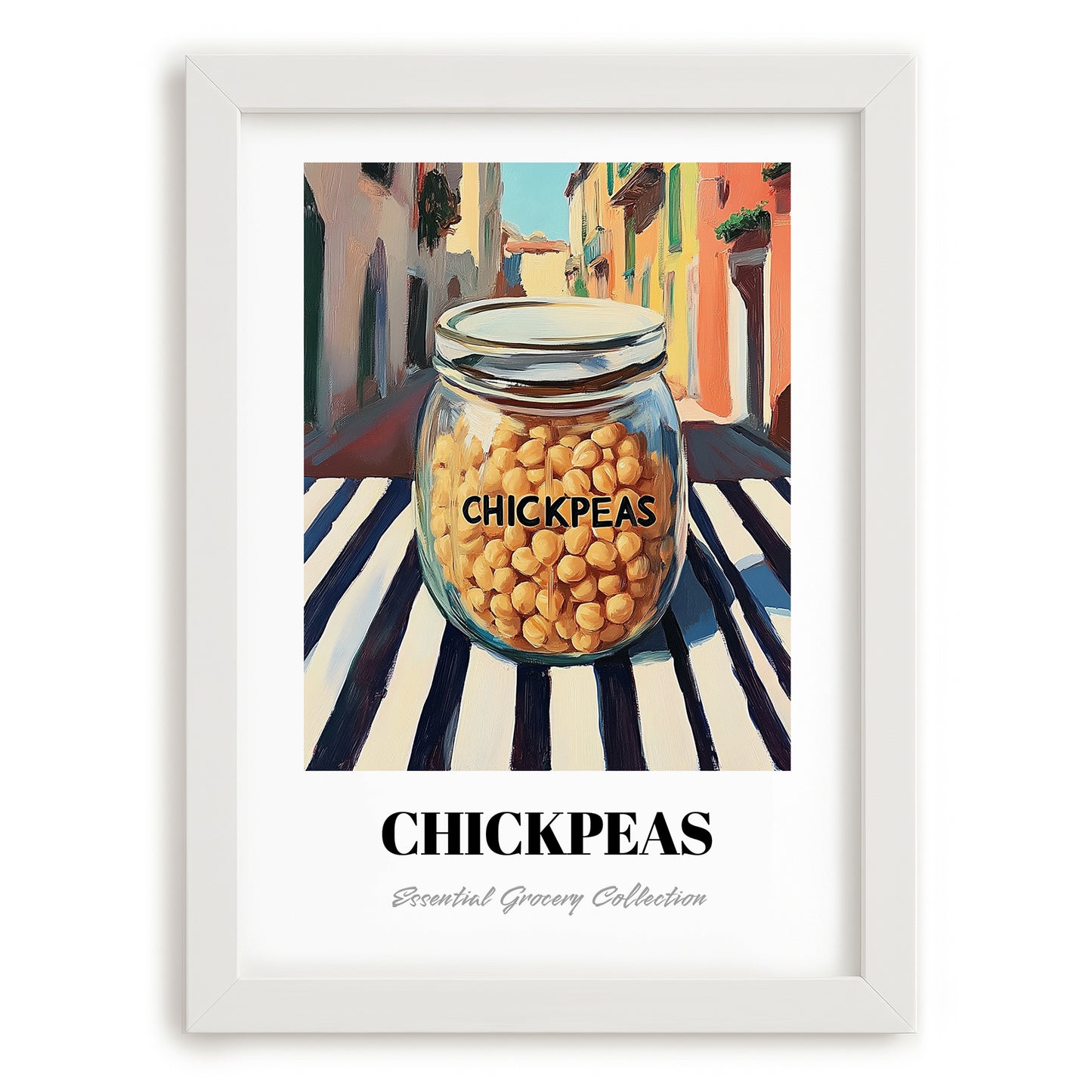 Chickpeas – Italian Outdoor Café Scene, Food Shelf Art, placed in minimal white frame