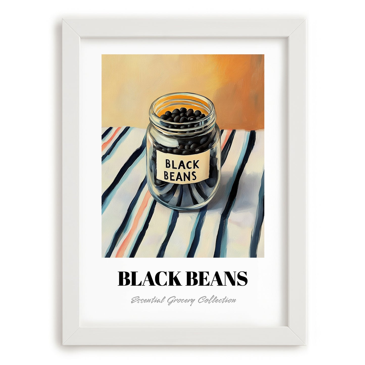 Black Beans – on Striped Tablecloth, Dry Goods Wall Art, placed in minimal white frame