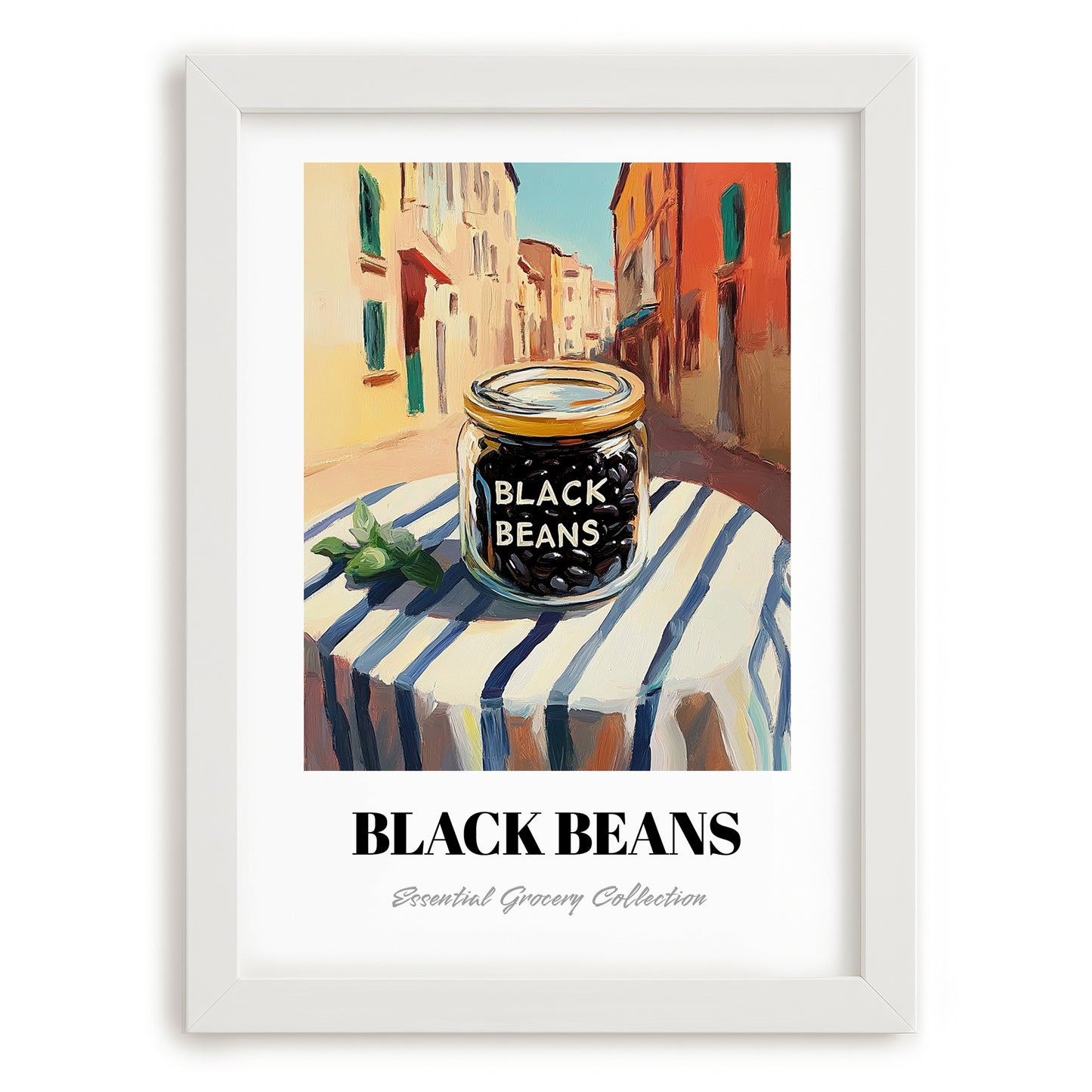Black Beans – Italian Outdoor Café Scene, Grocery Illustration, placed in minimal white frame