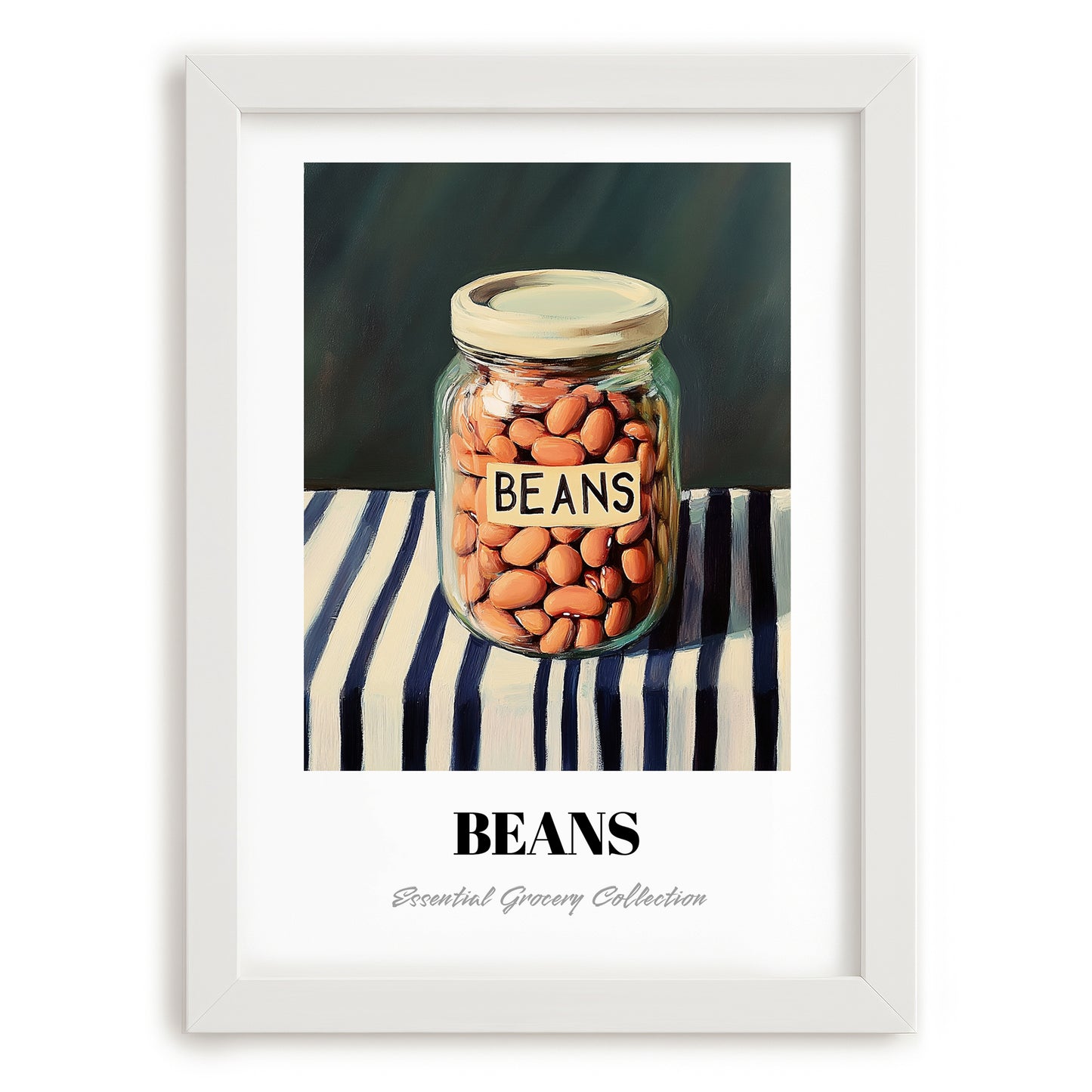 Beans – on Striped Tablecloth, Ingredients Corner Wall Decor, placed in minimal white frame
