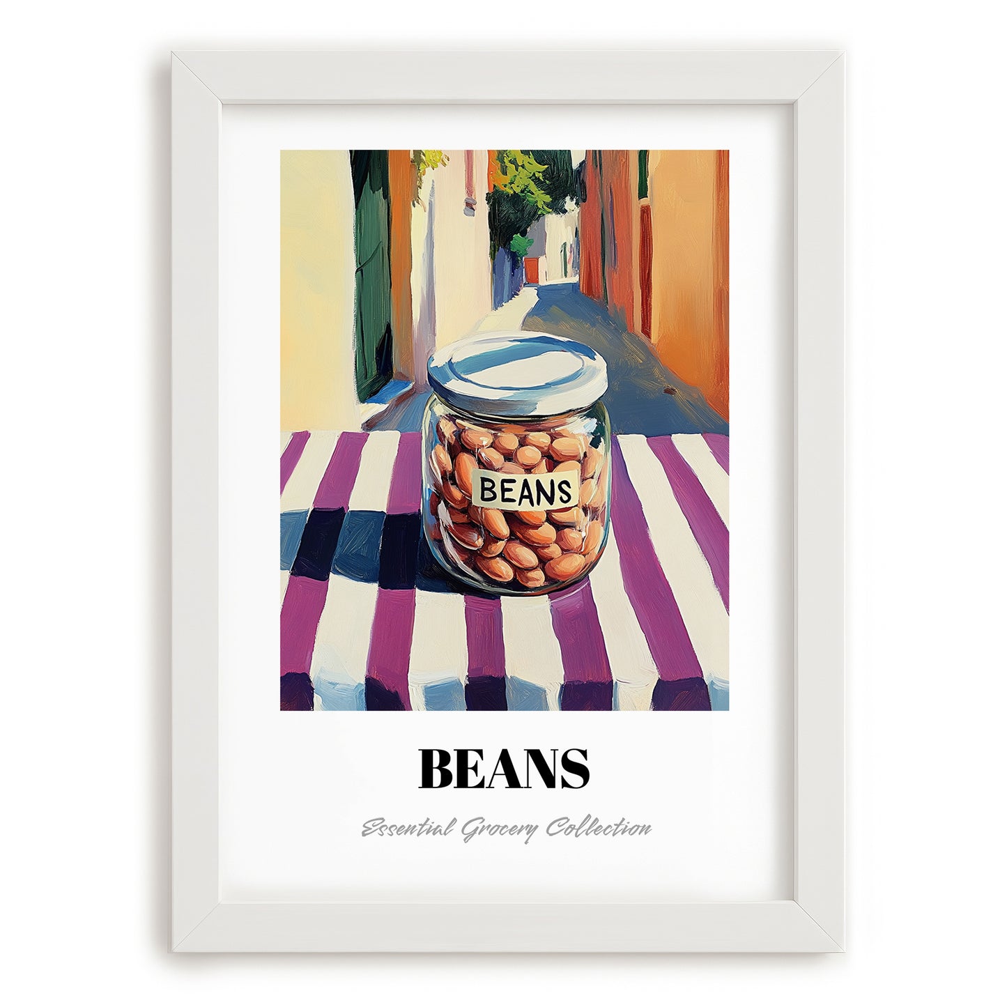 Beans – Italian Café on the Corner, Food Shelf Wall Illustration, placed in minimal white frame