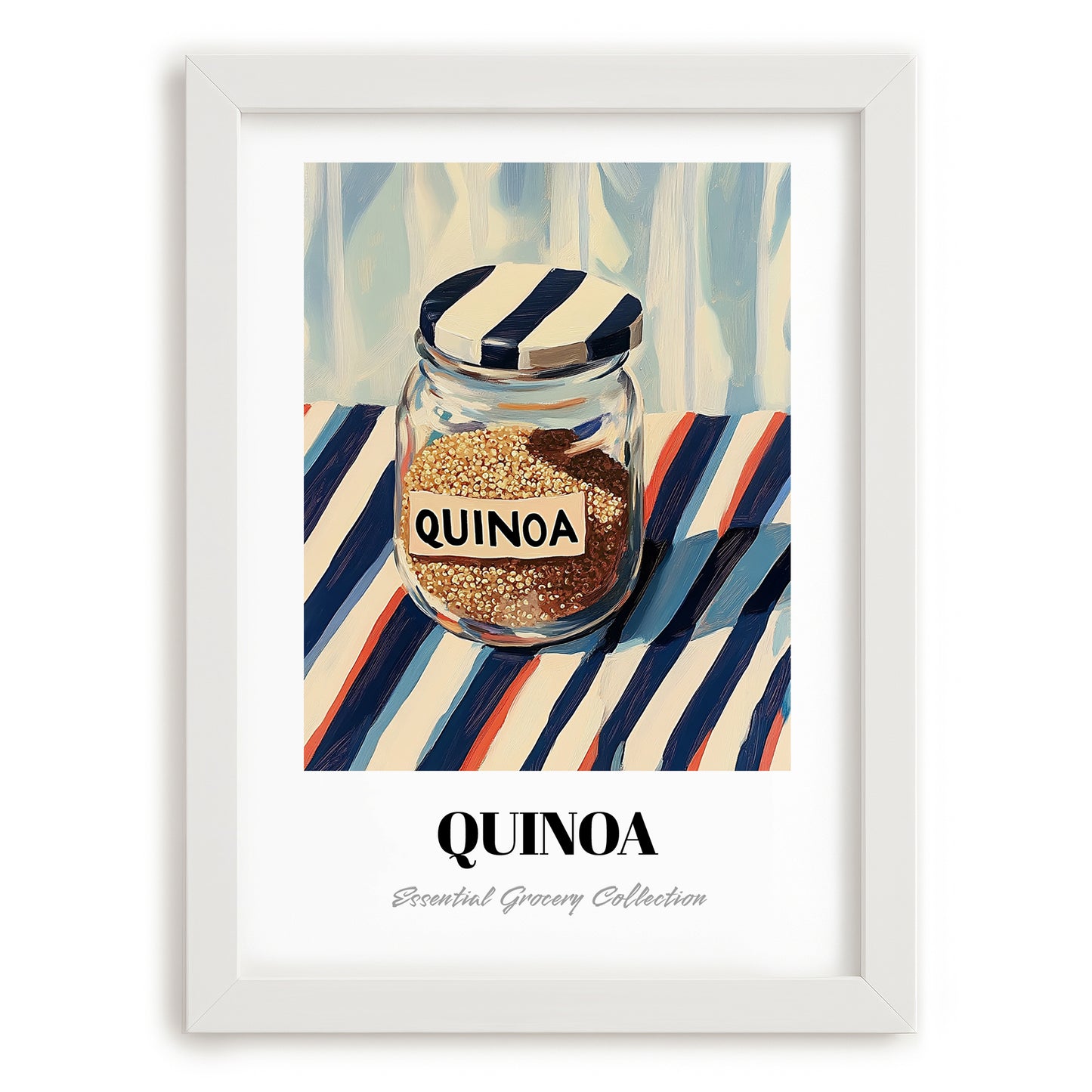 Quinoa – on Striped Tablecloth, Larder Still Life, placed in minimal white frame