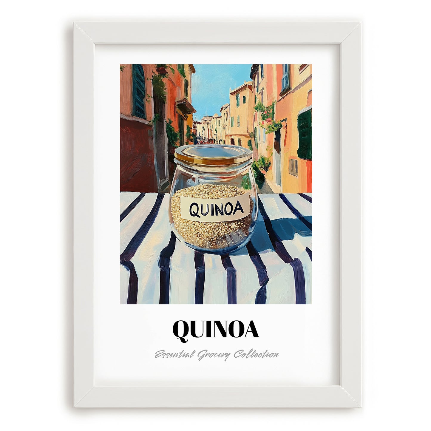 Quinoa – Italian Outdoor Café Scene, Pantry Illustration, placed in minimal white frame