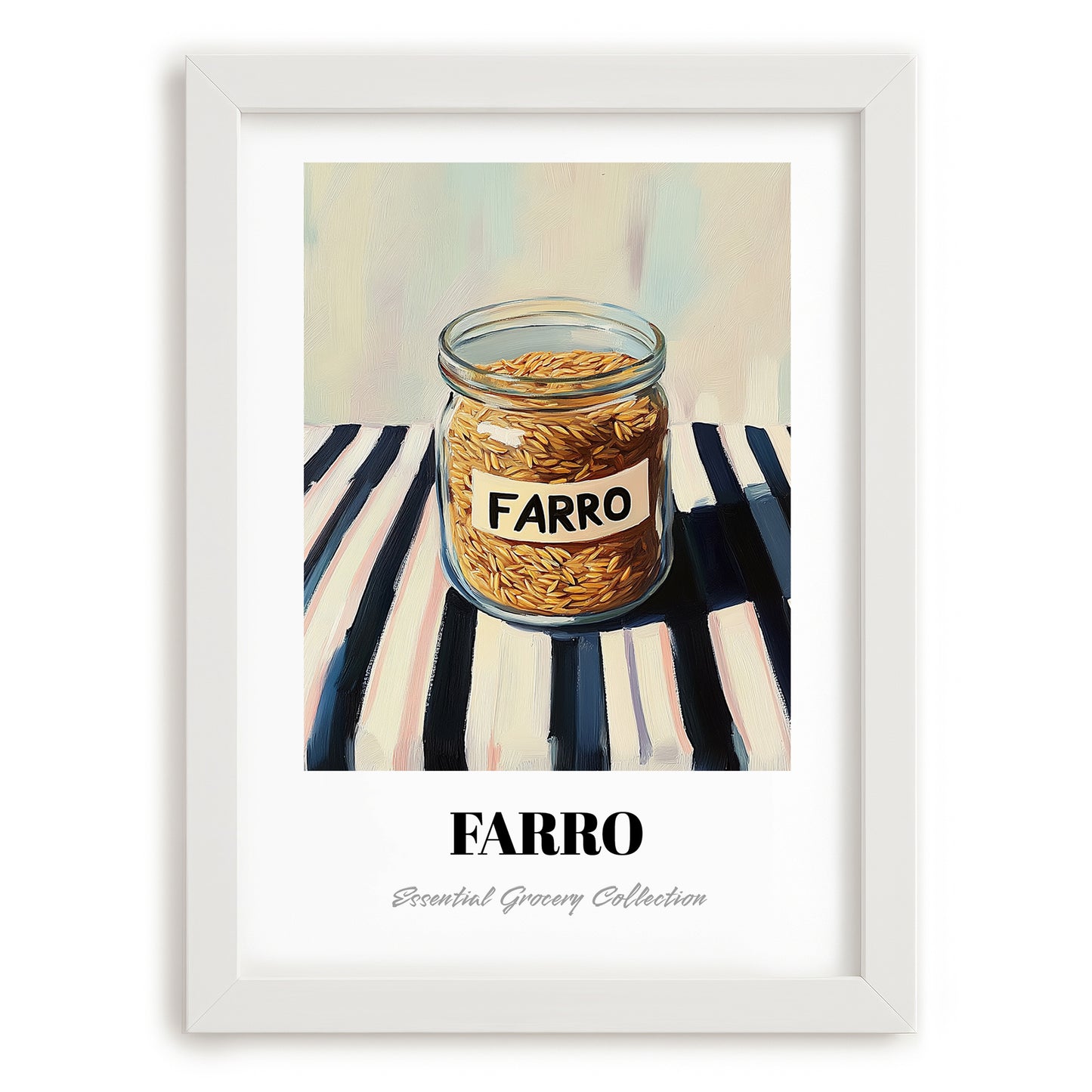 Farro – on Striped Tablecloth, Pantry Wall Decor, placed in minimal white frame