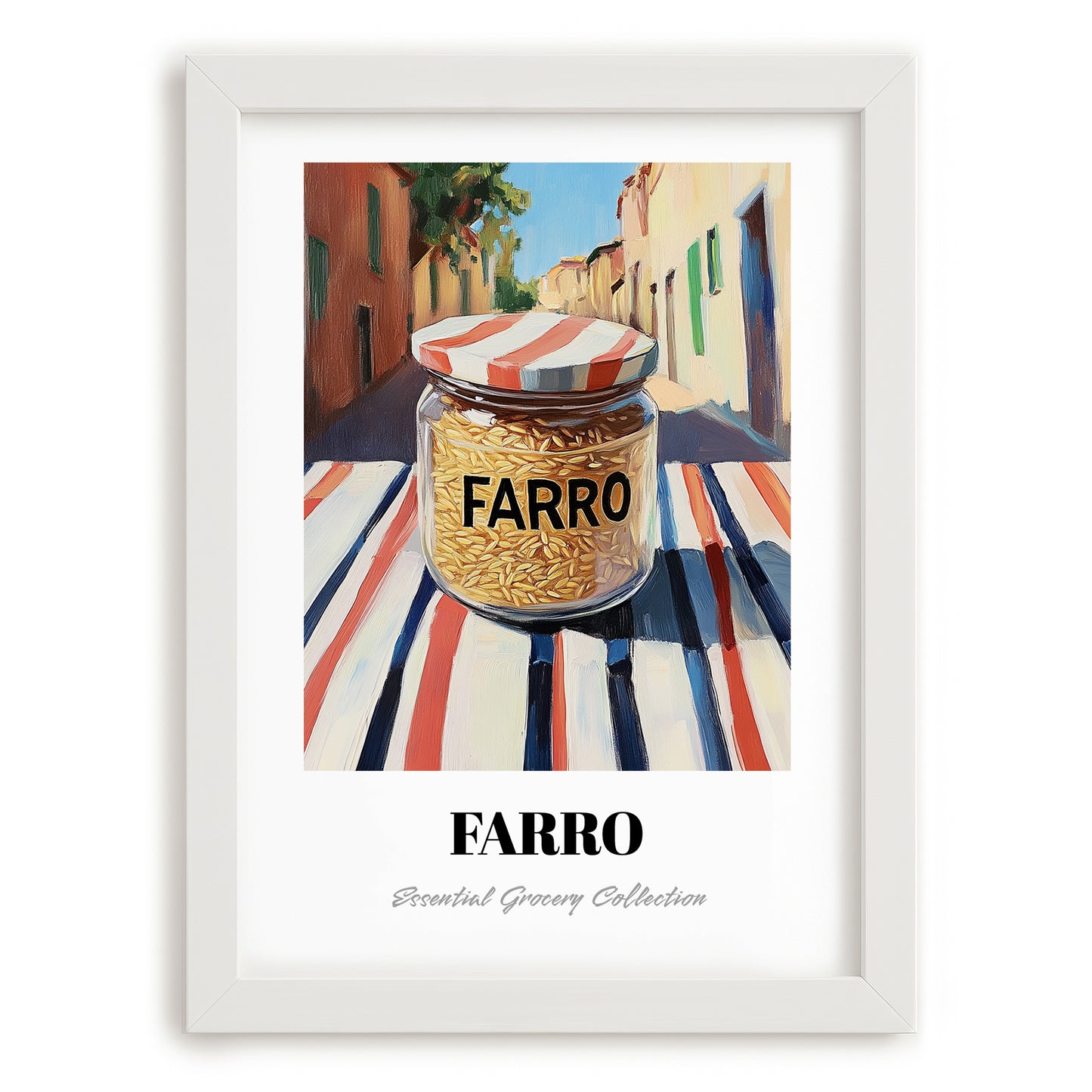 Farro – Italian Café on the Corner, Grocery Illustration, placed in minimal white frame