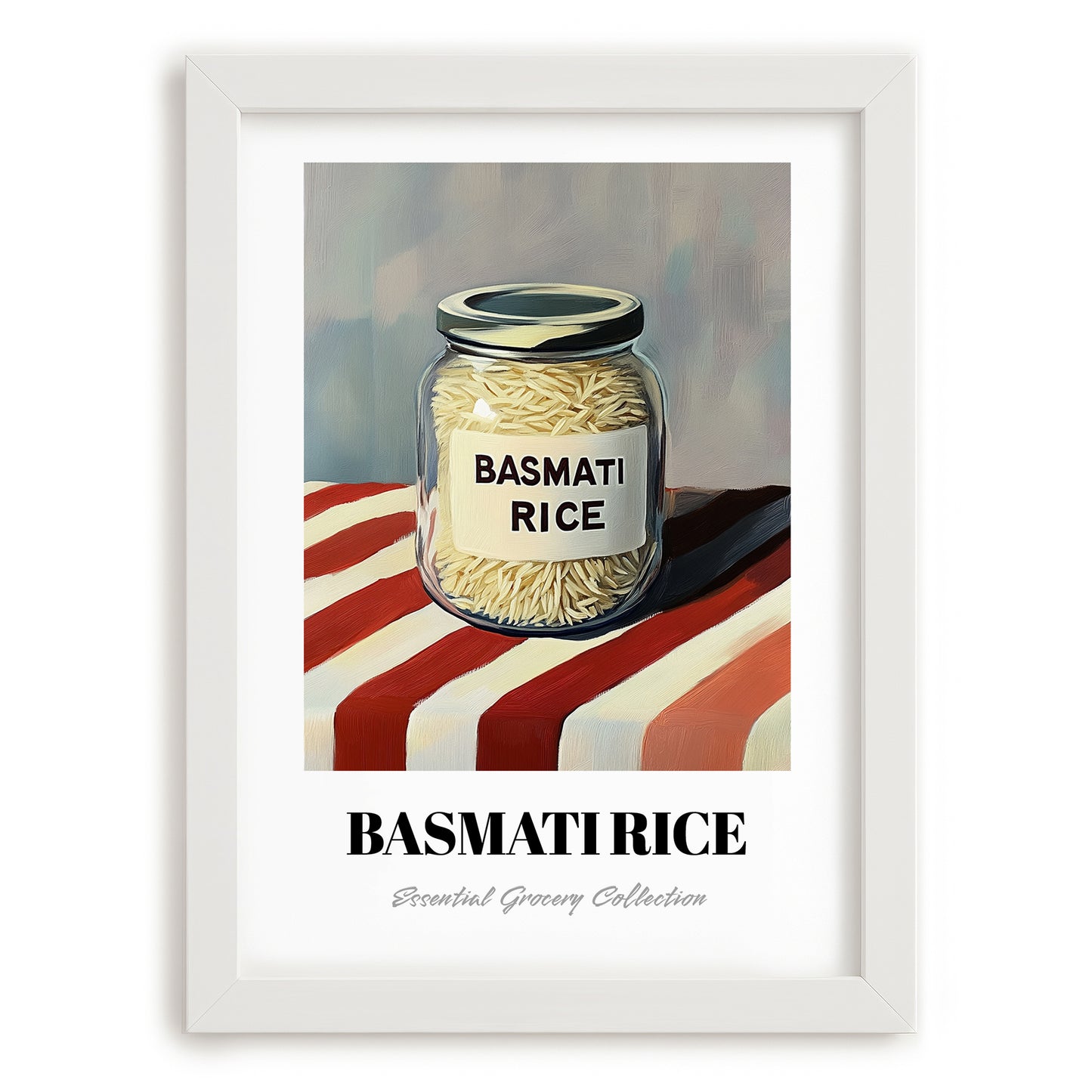 Basmati Rice – on Striped Tablecloth, Shelf Stock Wall Decor, placed in minimal white frame