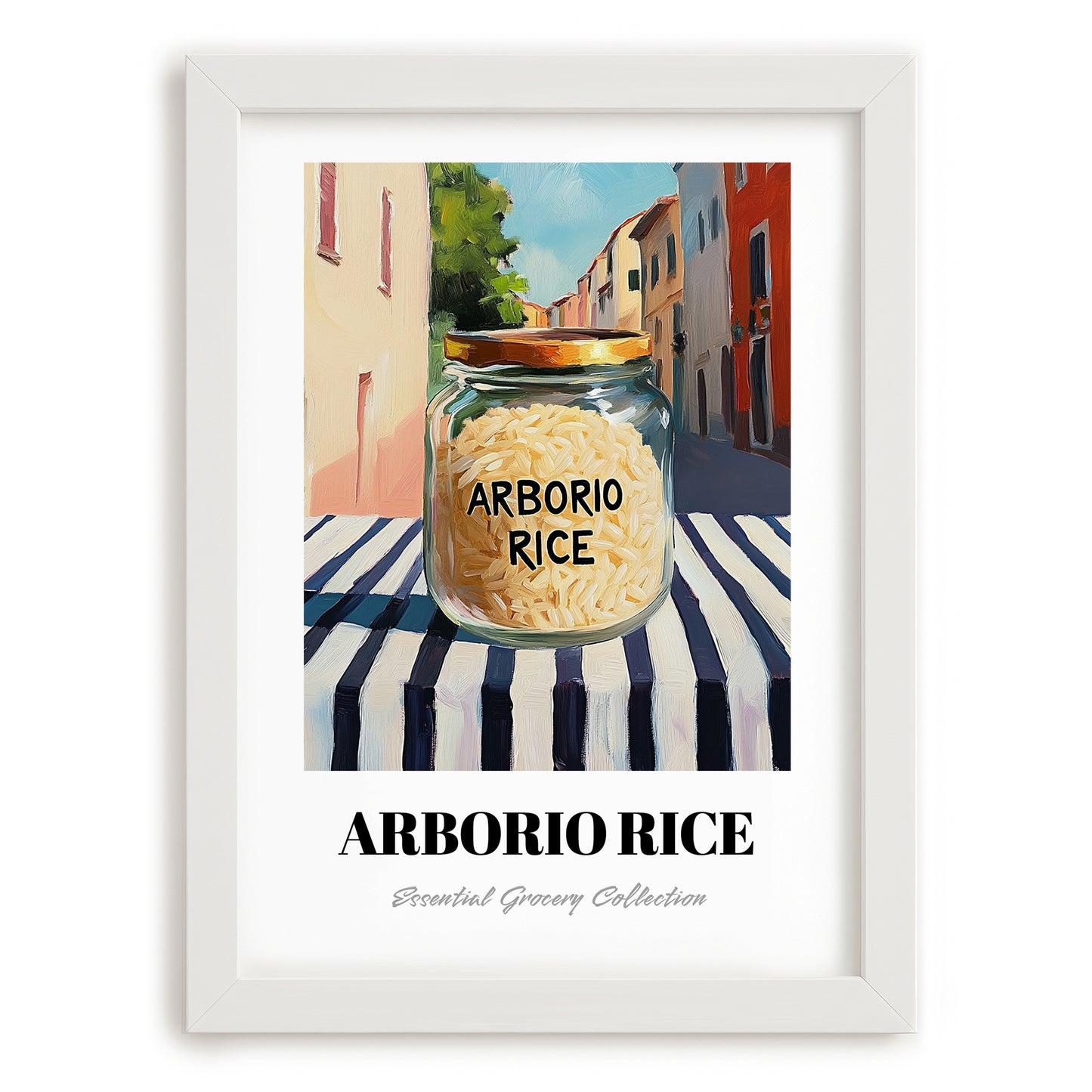 Arborio Rice – Italian Outdoor Café Scene, Kitchen Storage Poster, placed in minimal white frame