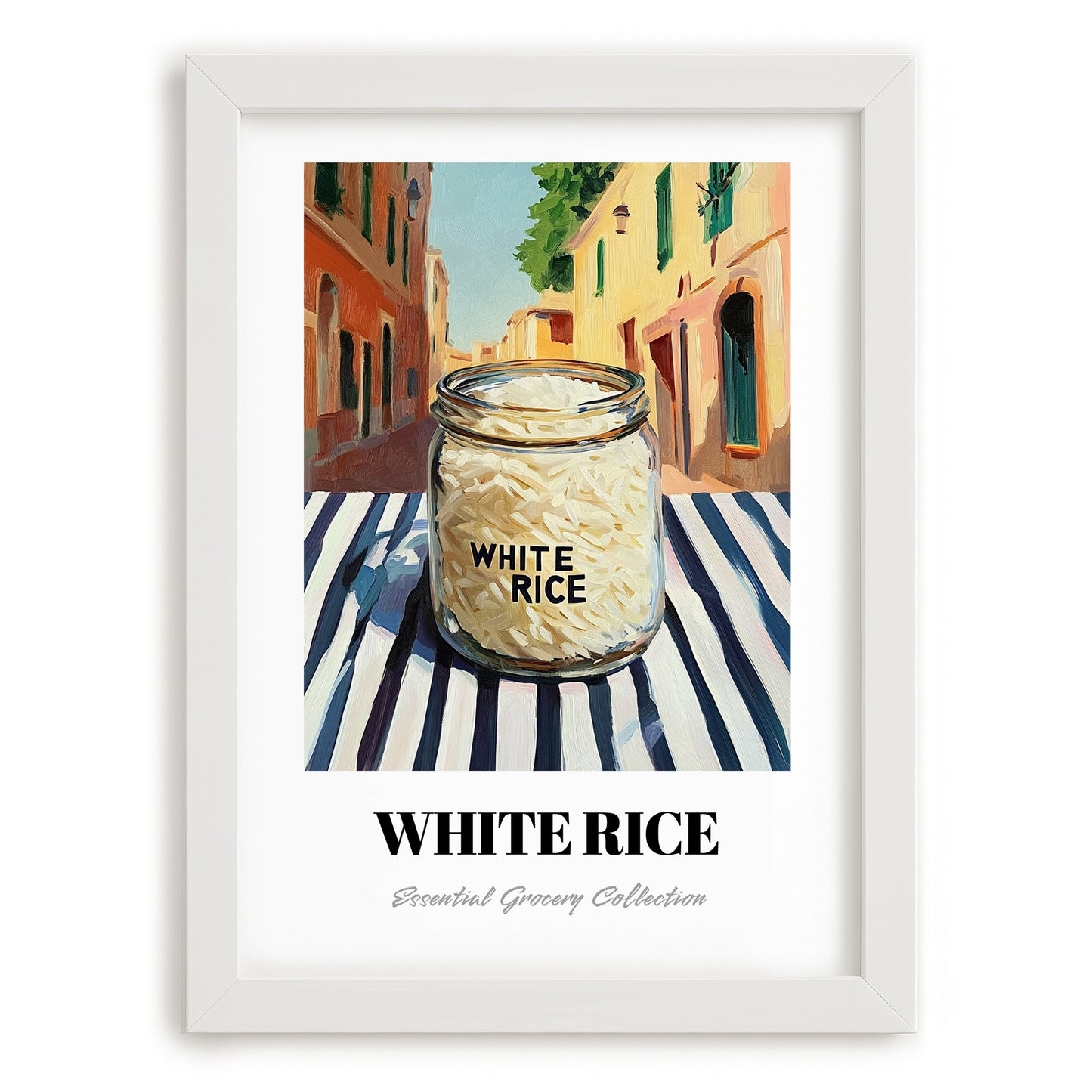 White Rice – Italian Street Café Scene, Shelf Stock Painting, placed in minimal white frame