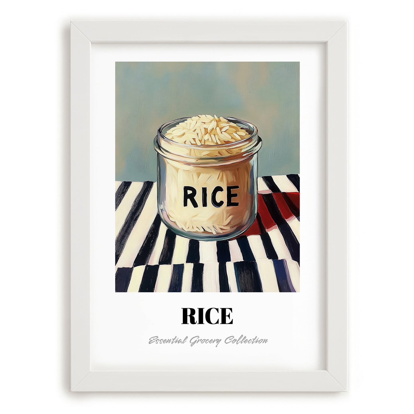 Rice – on Striped Tablecloth, Kitchen Storage Wall Decor, placed in minimal white frame