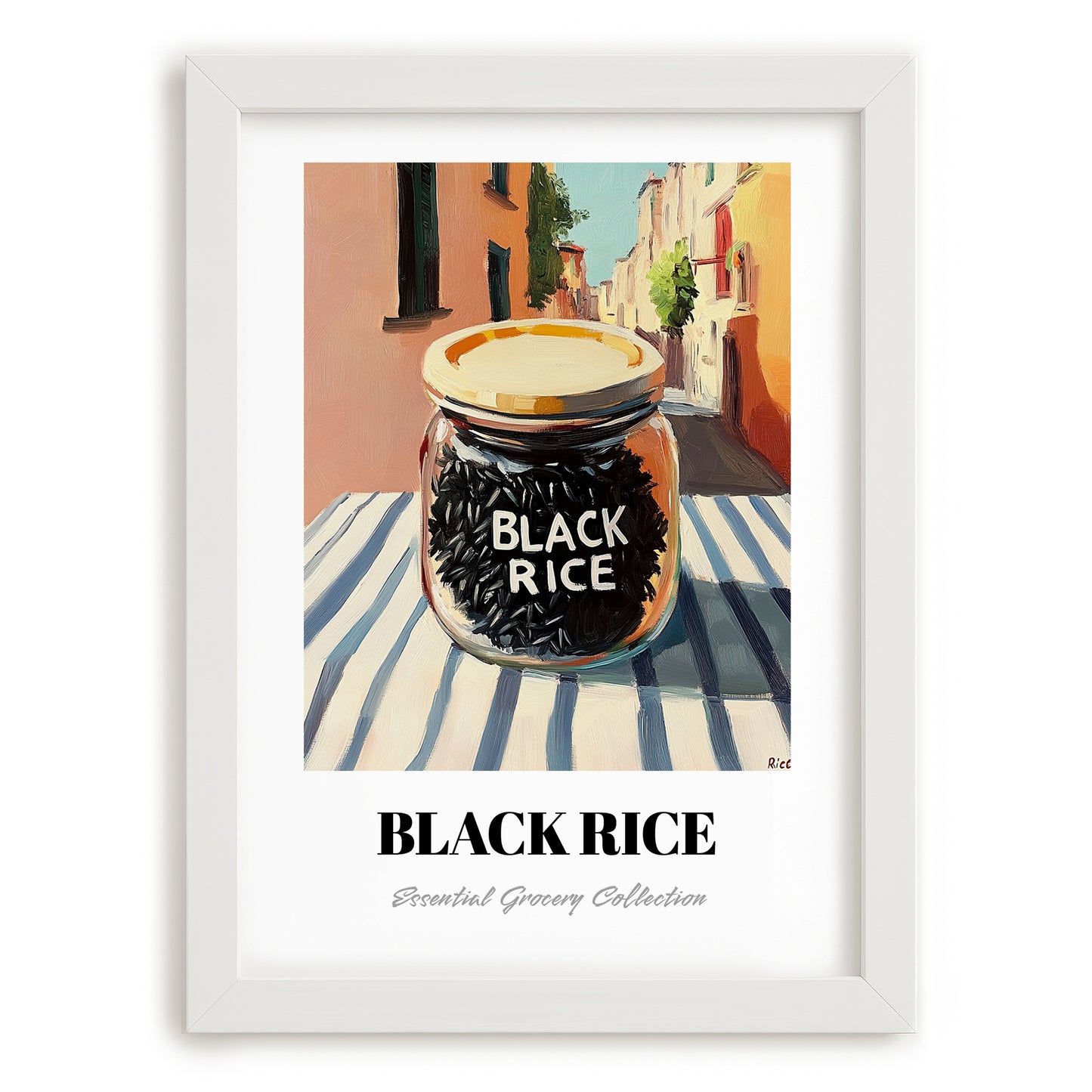 Black Rice – Italian Street Café Scene, Dry Goods Wall Art, placed in minimal white frame