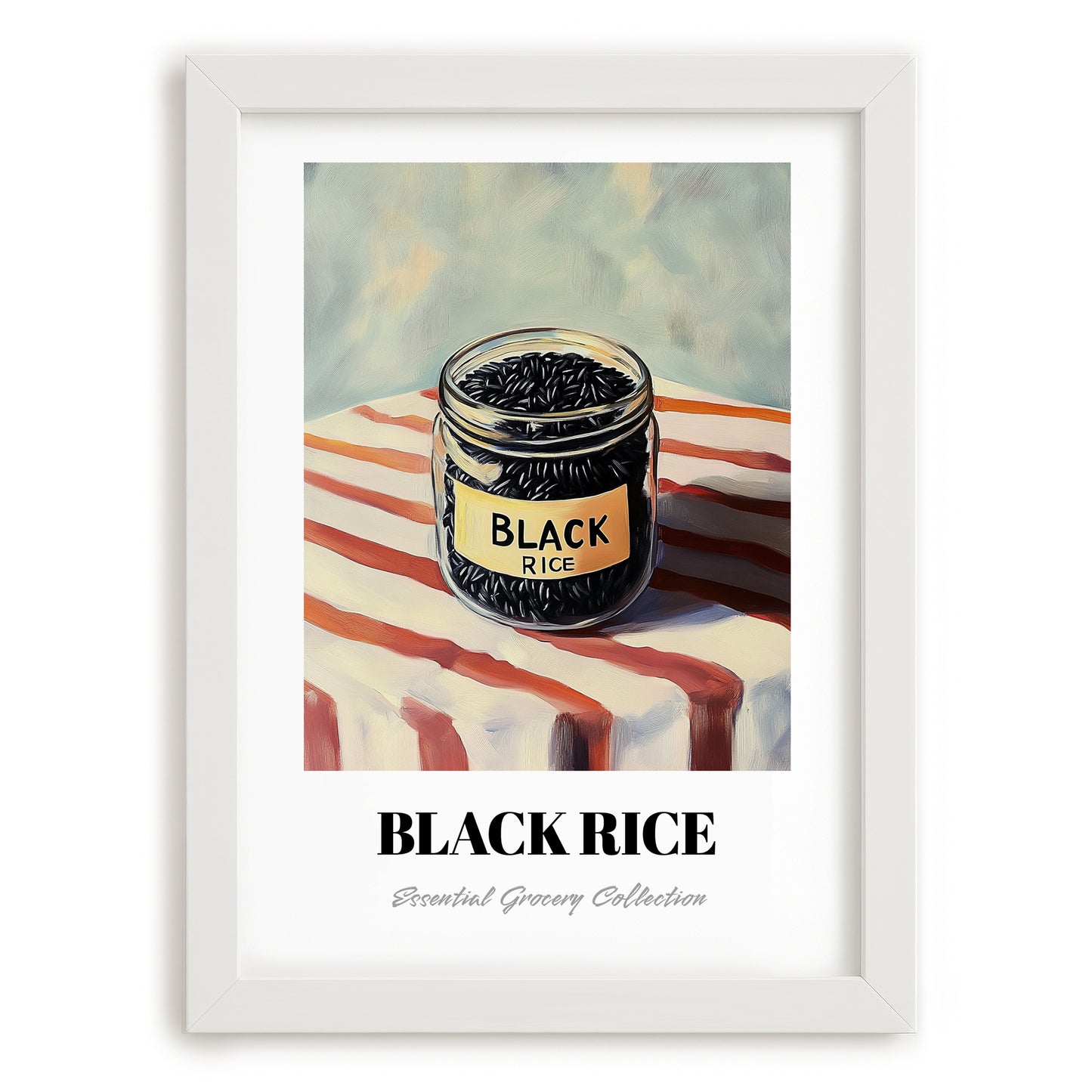Black Rice – on Striped Tablecloth, Pantry Painting, placed in minimal white frame