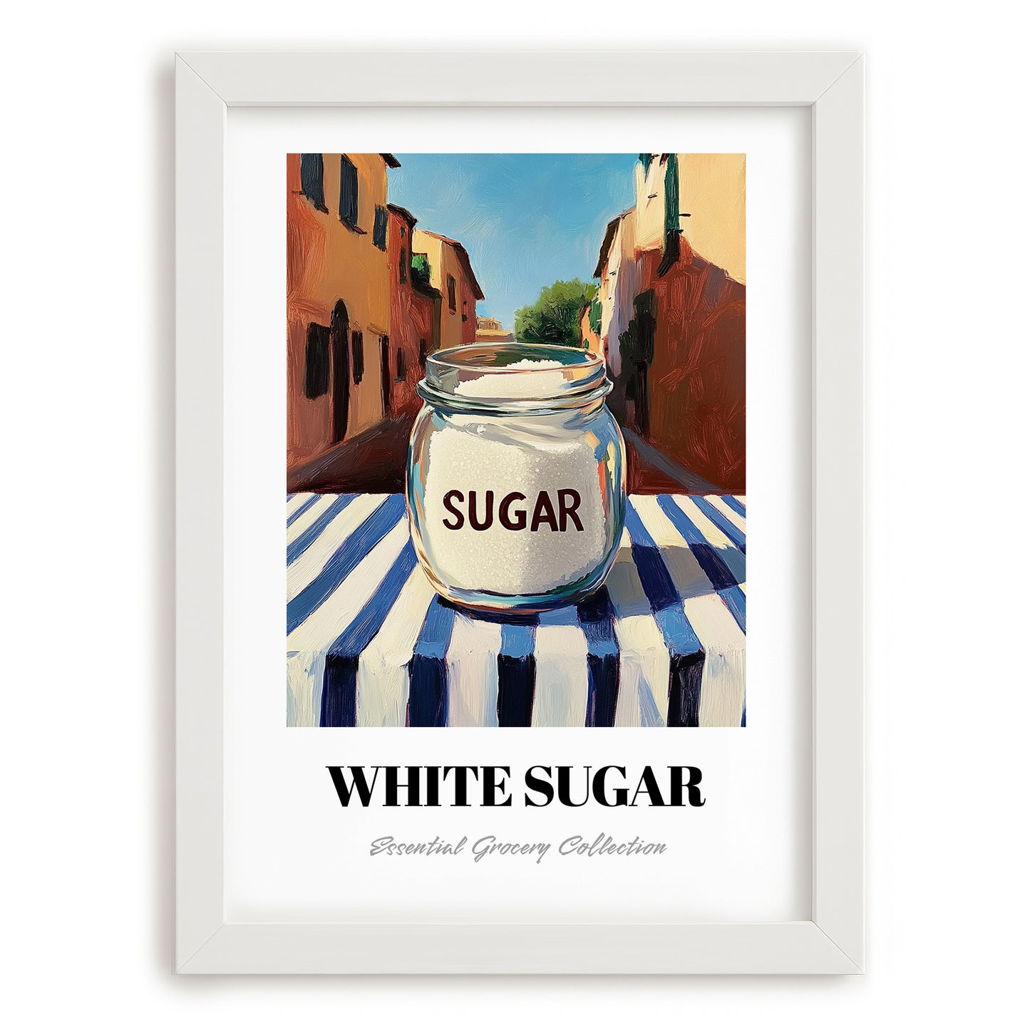 White Sugar – Italian Café on the Corner, Sweetener Poster, placed in minimal white frame