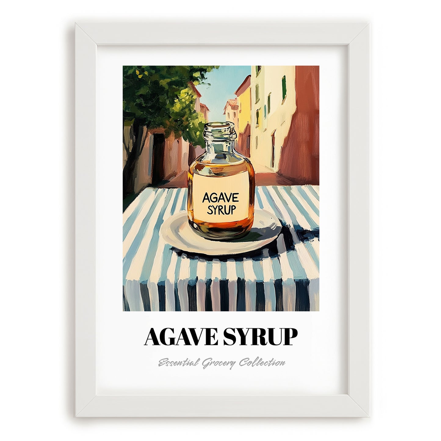 Agave Syrup – Italian Street Café Scene, Sweetener Wall Decor, placed in minimal white frame