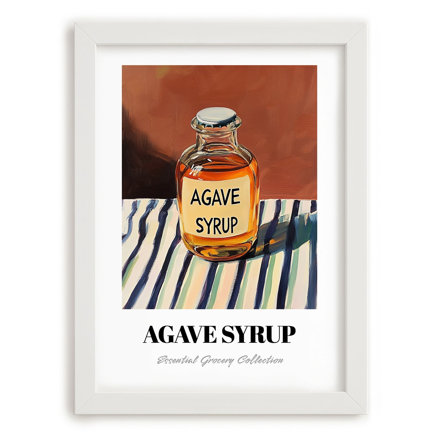 Agave Syrup – on Striped Tablecloth, Sweetener Painting, placed in minimal white frame