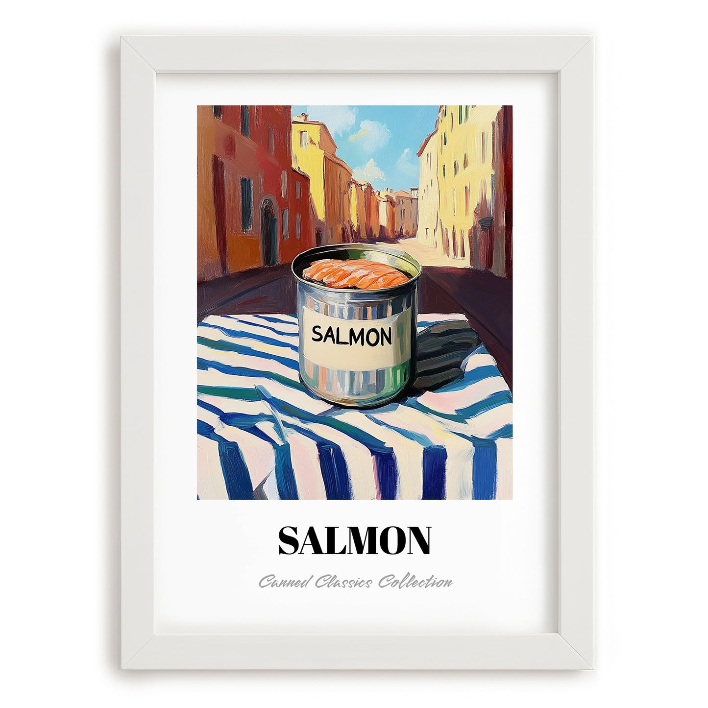 Salmon – Italian Street Café Scene, Canned Food Art, placed in minimal white frame
