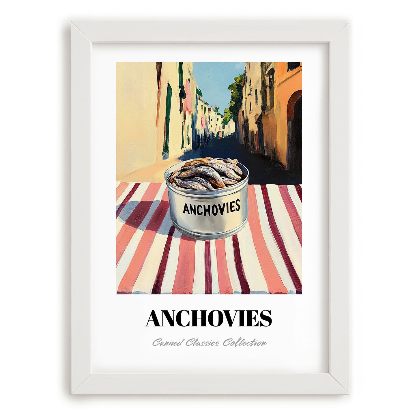 Anchovies – Italian Street Café Scene, Canned Food Print, placed in minimal white frame