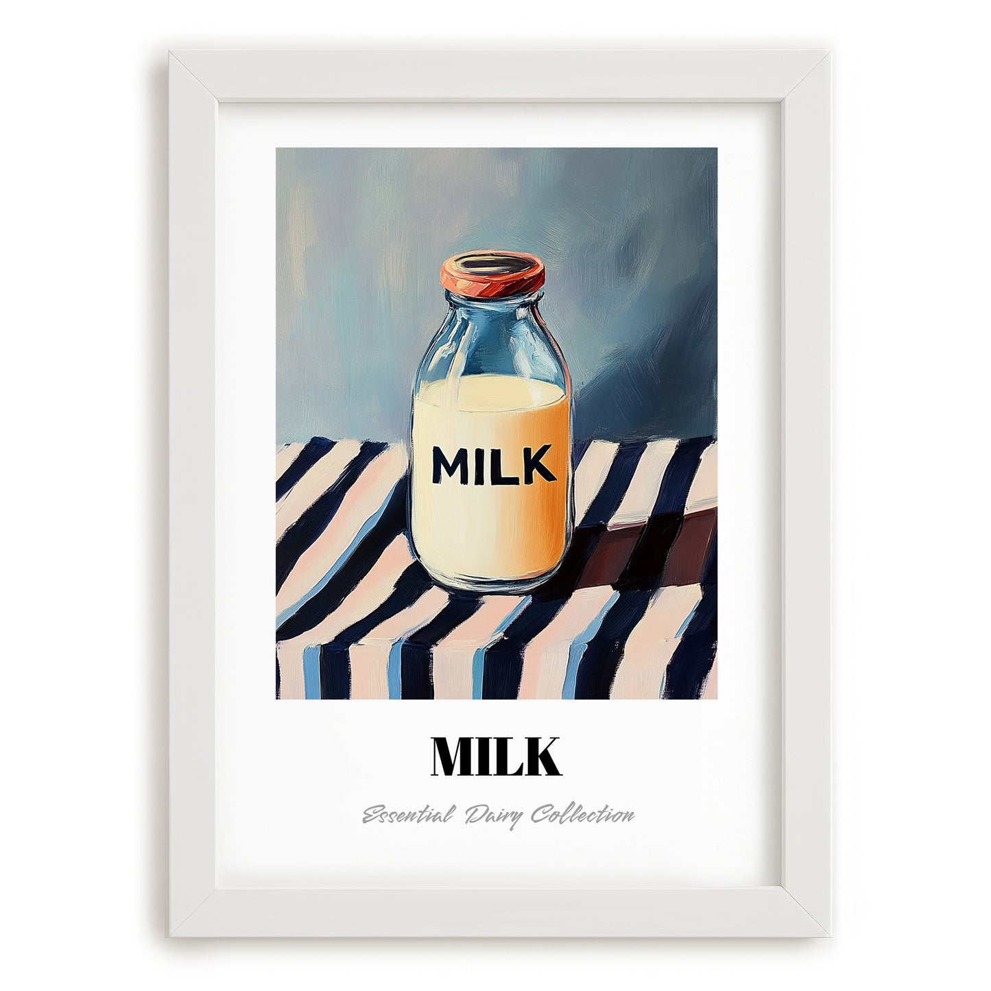 Milk – on Striped Tablecloth, Dairy Painting, placed in minimal white frame