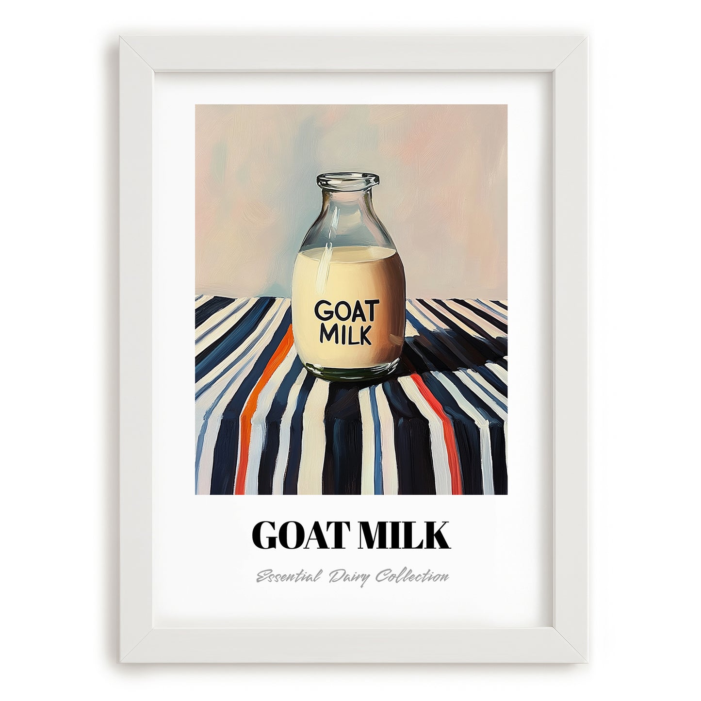 Goat Milk – on Striped Tablecloth, Dairy Art, placed in minimal white frame