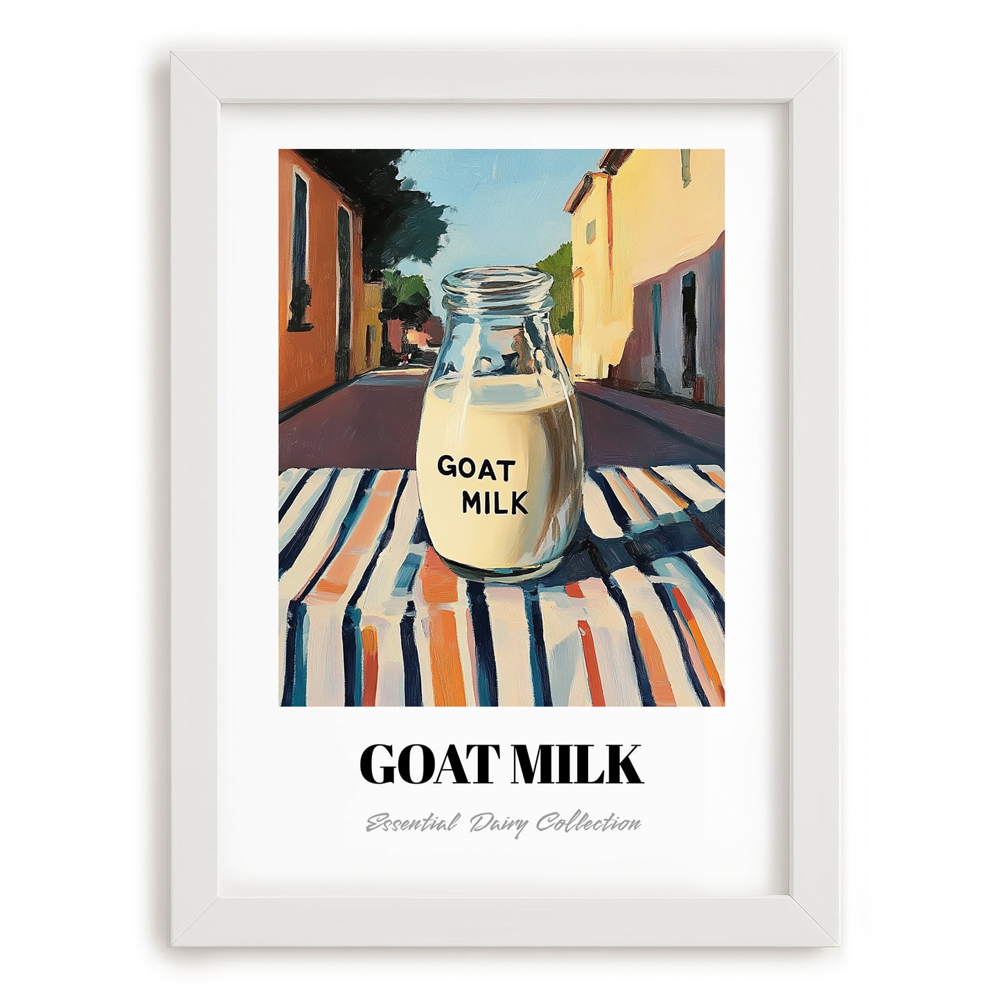Goat Milk – Italian Outdoor Café Scene, Dairy Painting, placed in minimal white frame