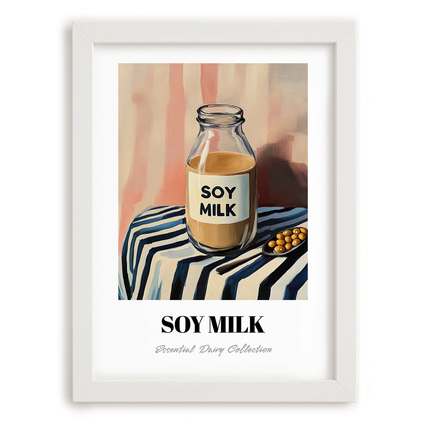 Soy Milk – on Striped Tablecloth, Dairy Wall Poster, placed in minimal white frame