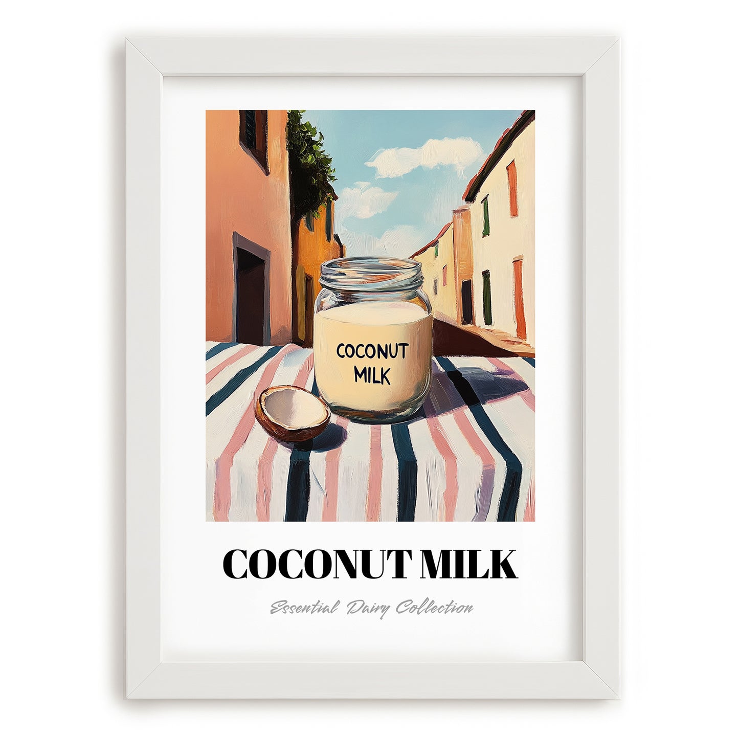 Coconut Milk – Italian Urban Café Scene, Dairy Still Life, placed in minimal white frame