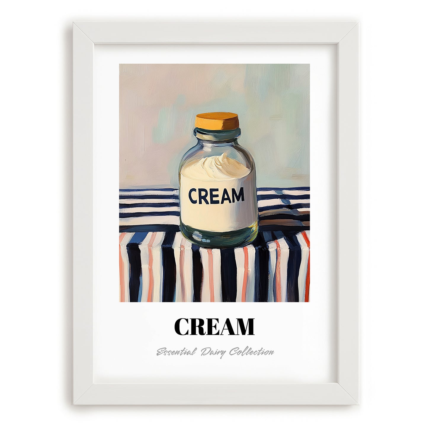 Cream – on Striped Tablecloth, Dairy Print, placed in minimal white frame