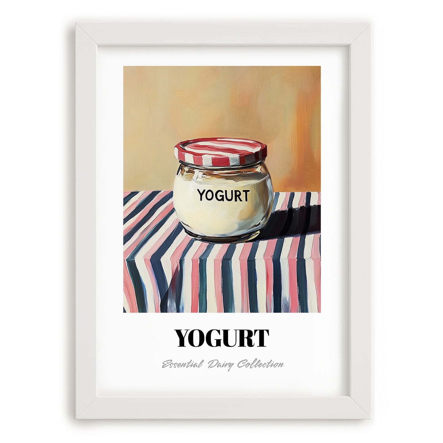 Yogurt – on Striped Tablecloth, Dairy Illustration, placed in minimal white frame