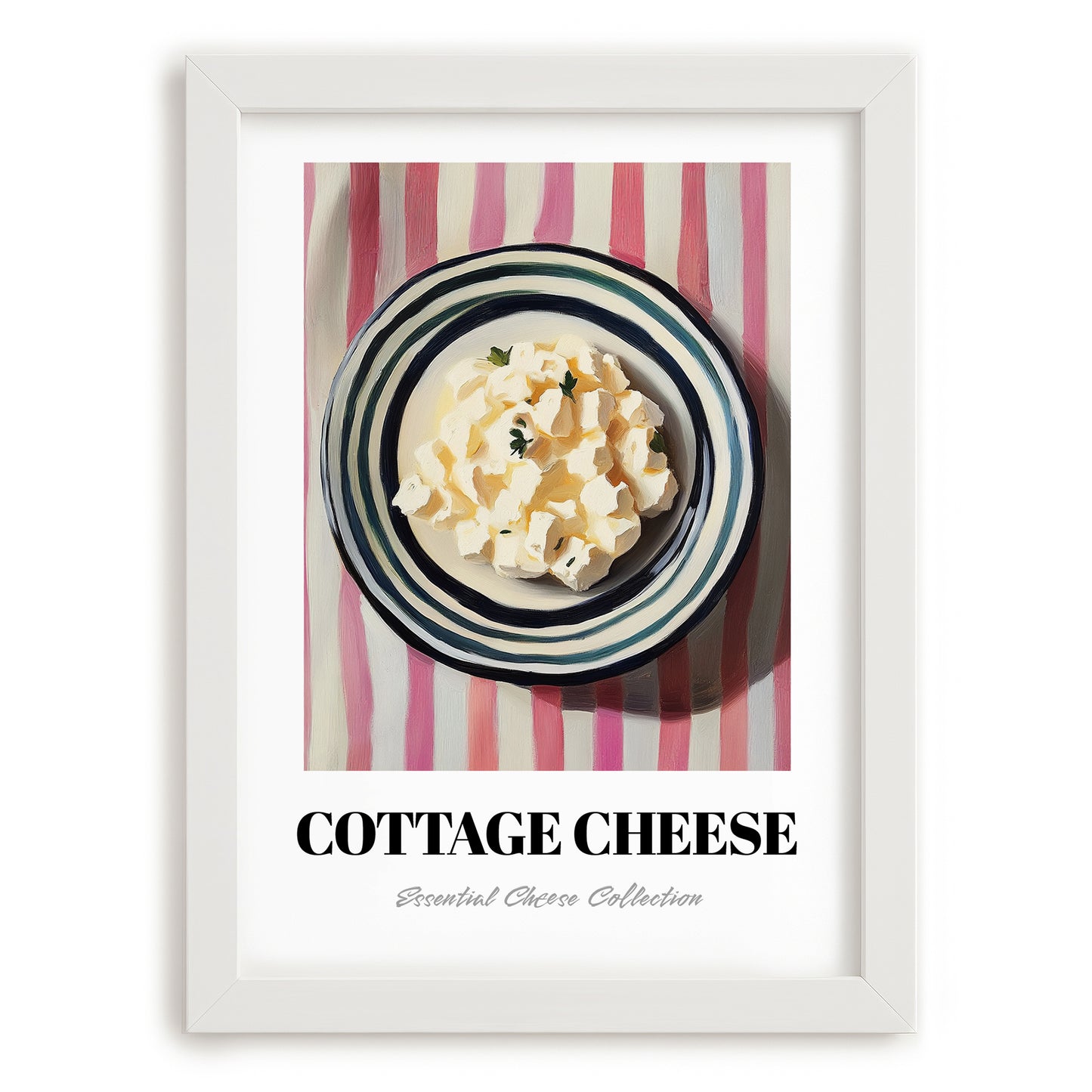 Cottage – on Striped Tablecloth, Cheese Wall Decor, placed in minimal white frame