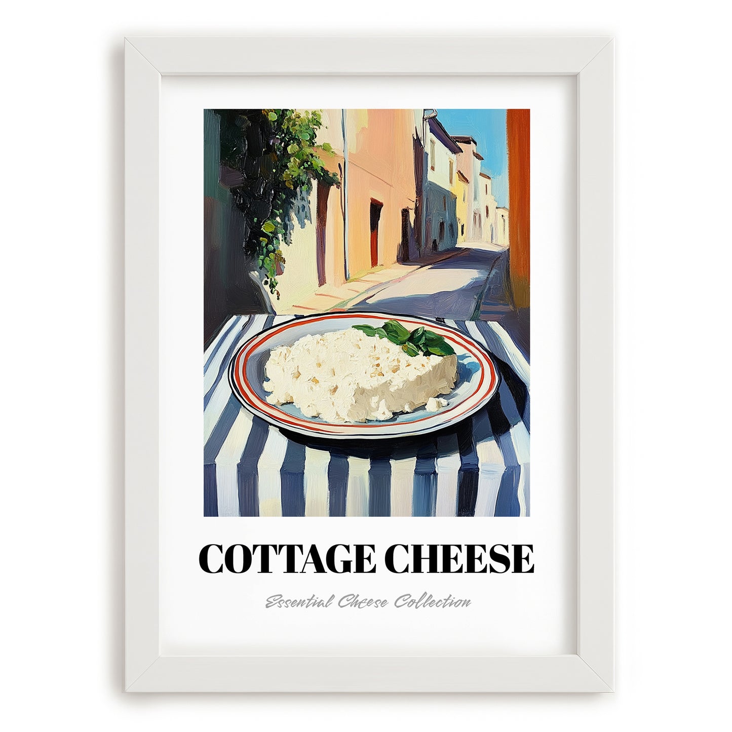 Cottage – Italian Café on the Corner, Cheese Poster, placed in minimal white frame