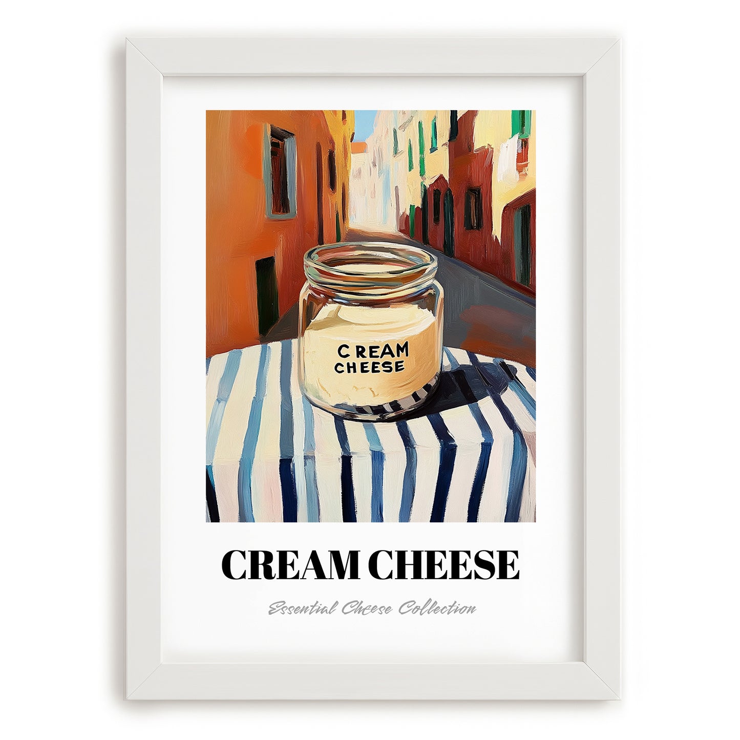 Cream – Italian Outdoor Café Scene, Cheese Wall Art, placed in minimal white frame
