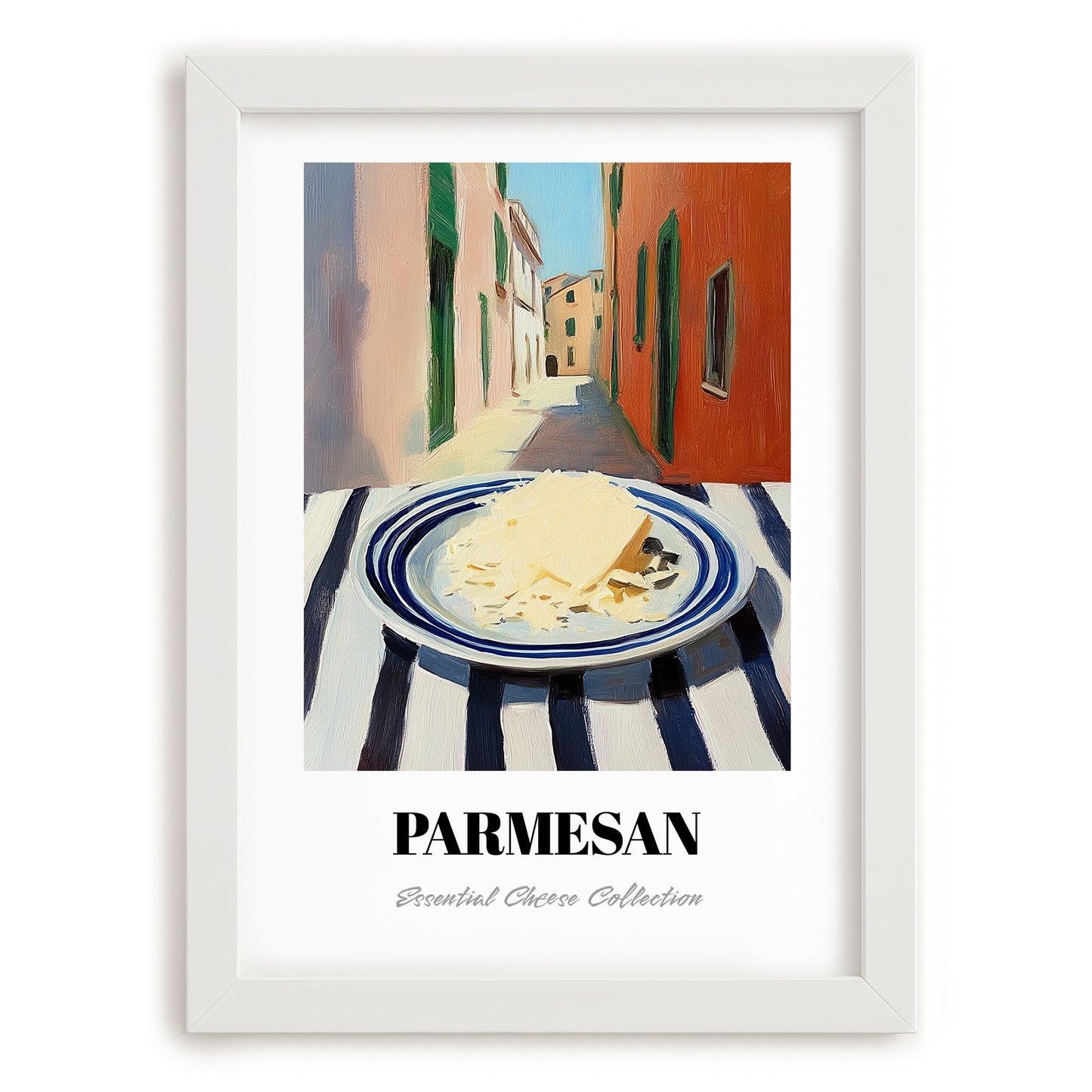 Parmesan – Italian Outdoor Café Scene, Cheese Illustration, placed in minimal white frame