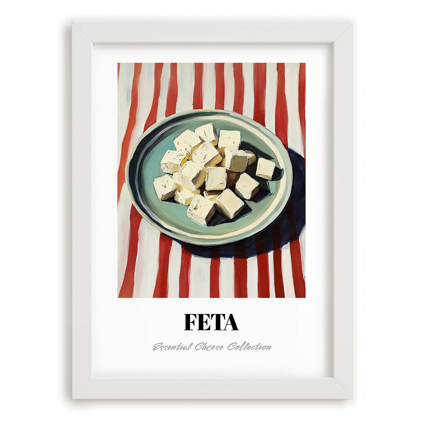 Feta – on Striped Tablecloth, Cheese Print, placed in minimal white frame