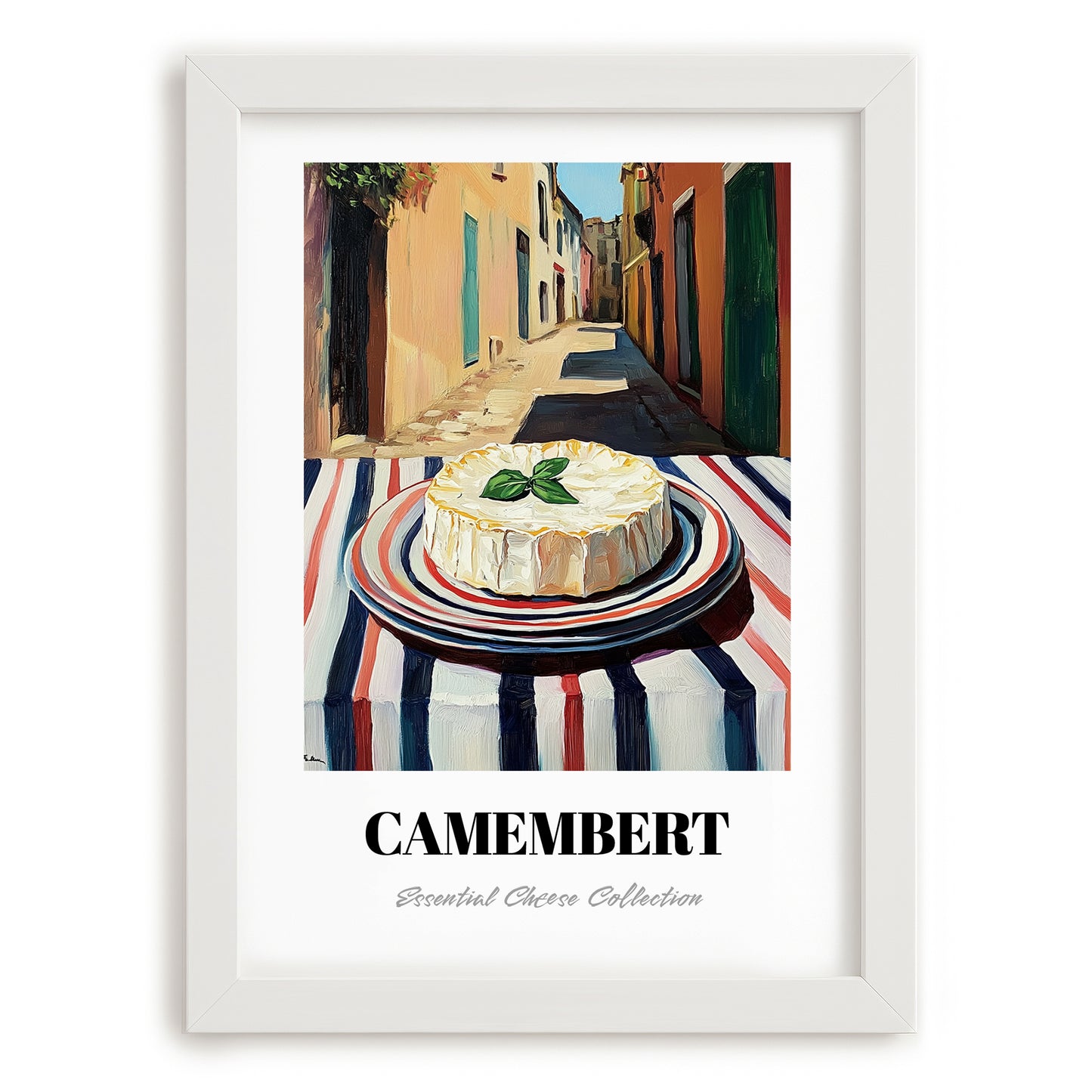 Camembert – Italian Outdoor Café Scene, Cheese Illustration, placed in minimal white frame