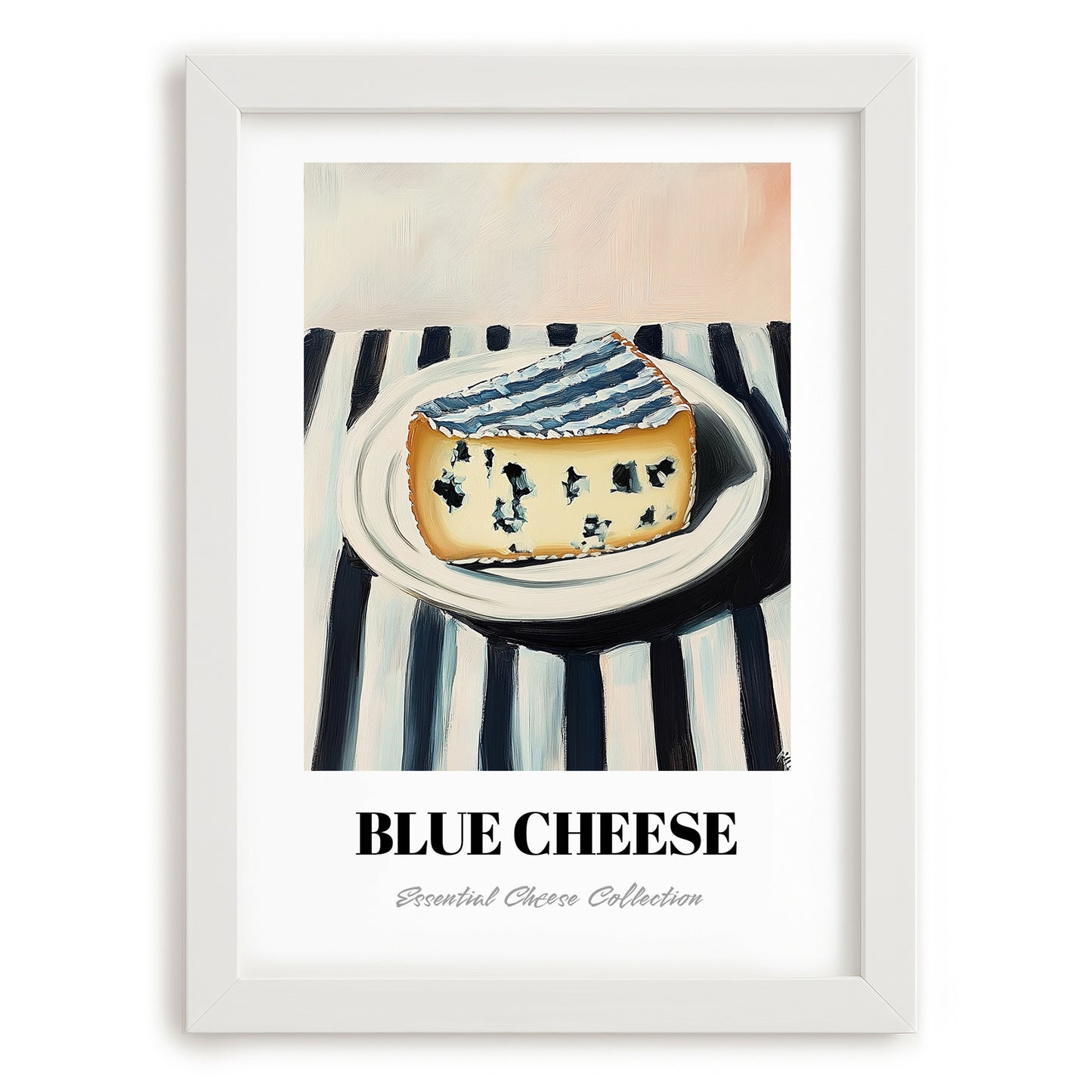 Blue – on Striped Tablecloth, Cheese Poster, placed in minimal white frame