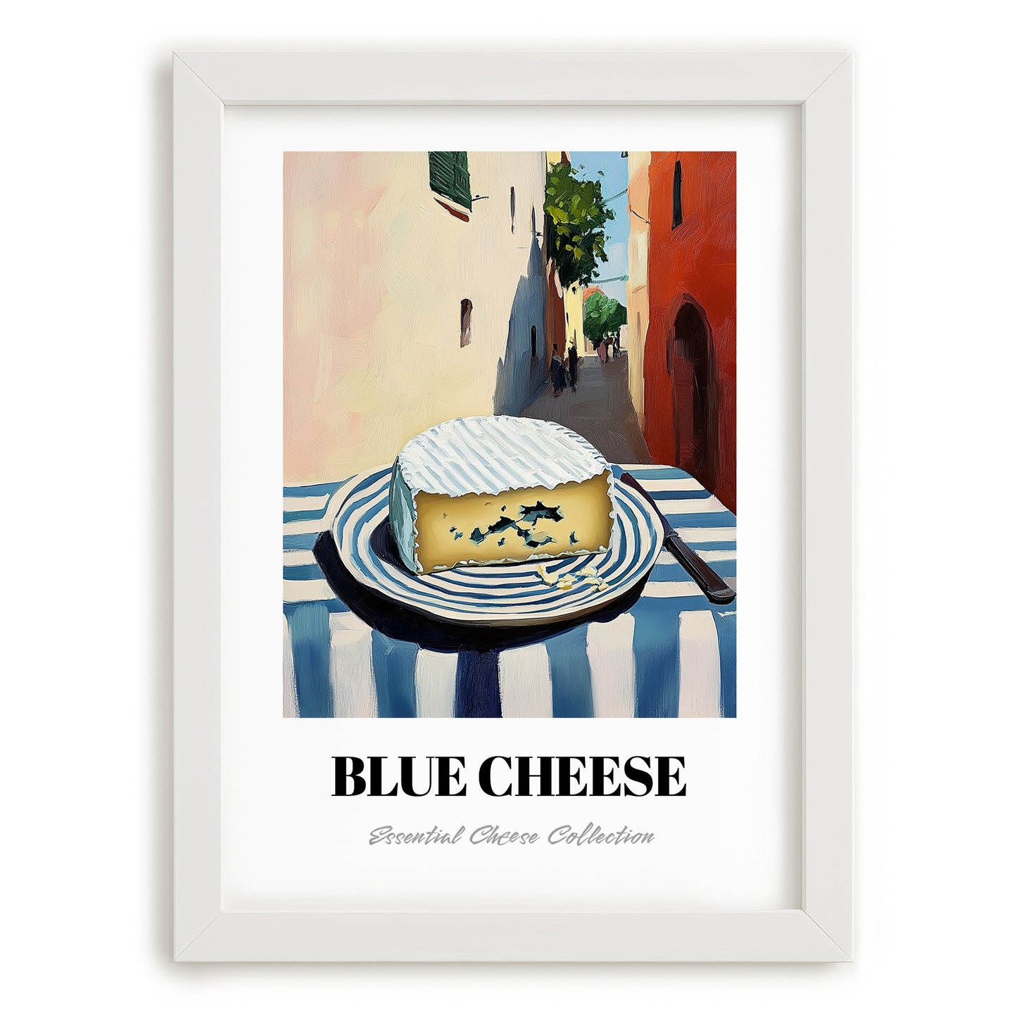 Blue – Italian Café on the Corner, Cheese Wall Decor, placed in minimal white frame