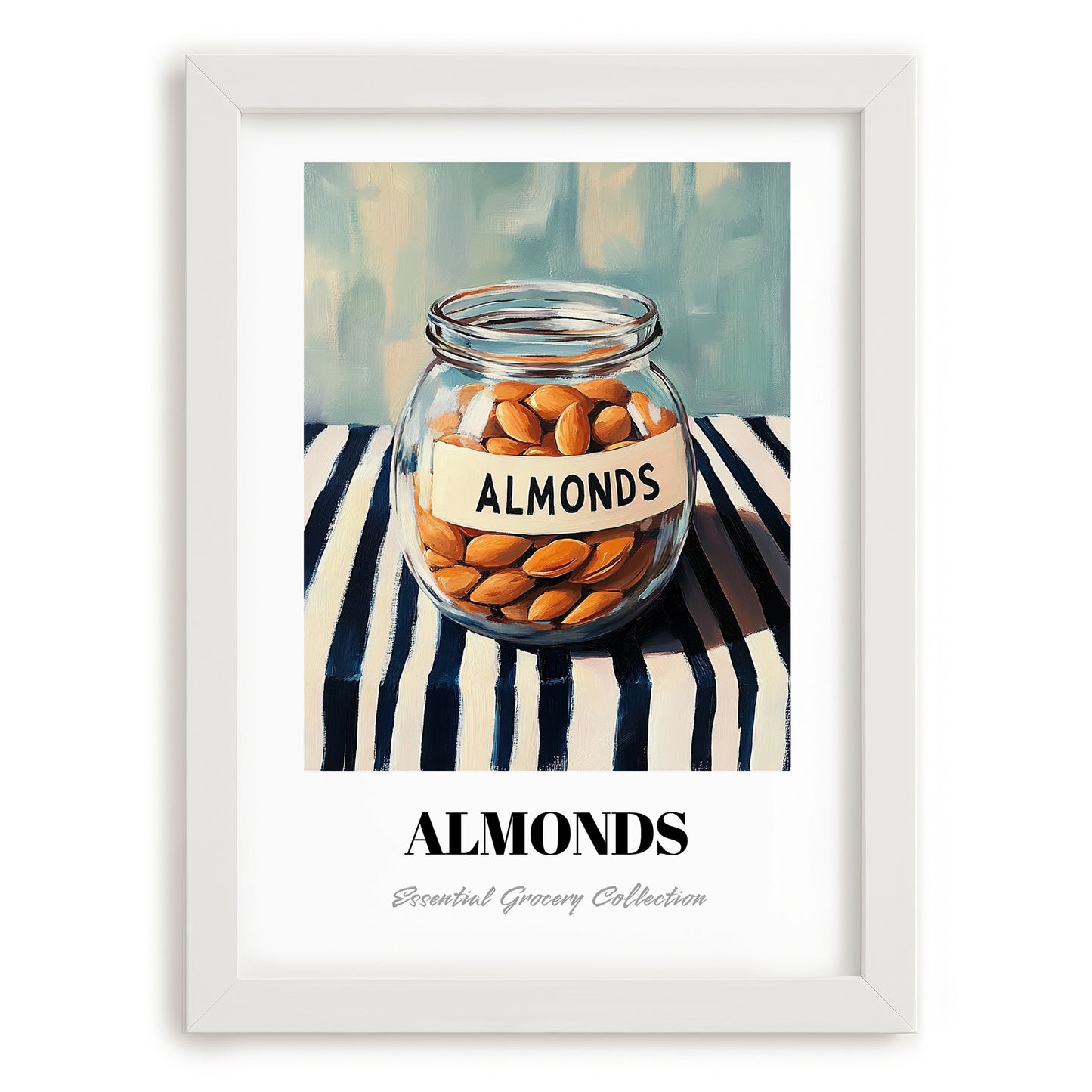 Almonds – on Striped Tablecloth, Nuts Illustration, placed in minimal white frame