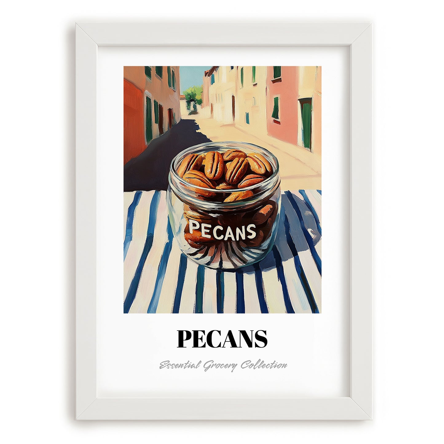 Pecans – Italian Street Café Scene, Nuts Wall Art, placed in minimal white frame