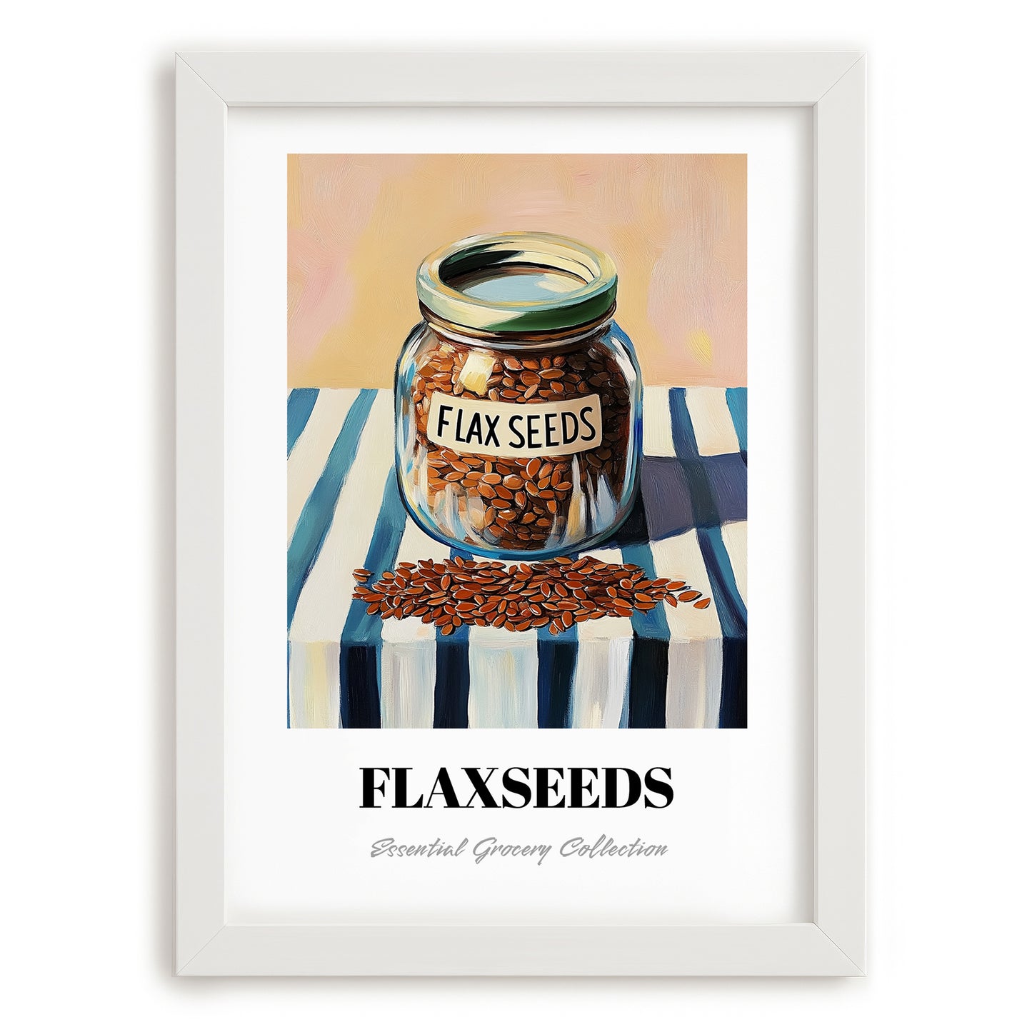 Flaxseeds – on Striped Tablecloth, Nuts Print, placed in minimal white frame