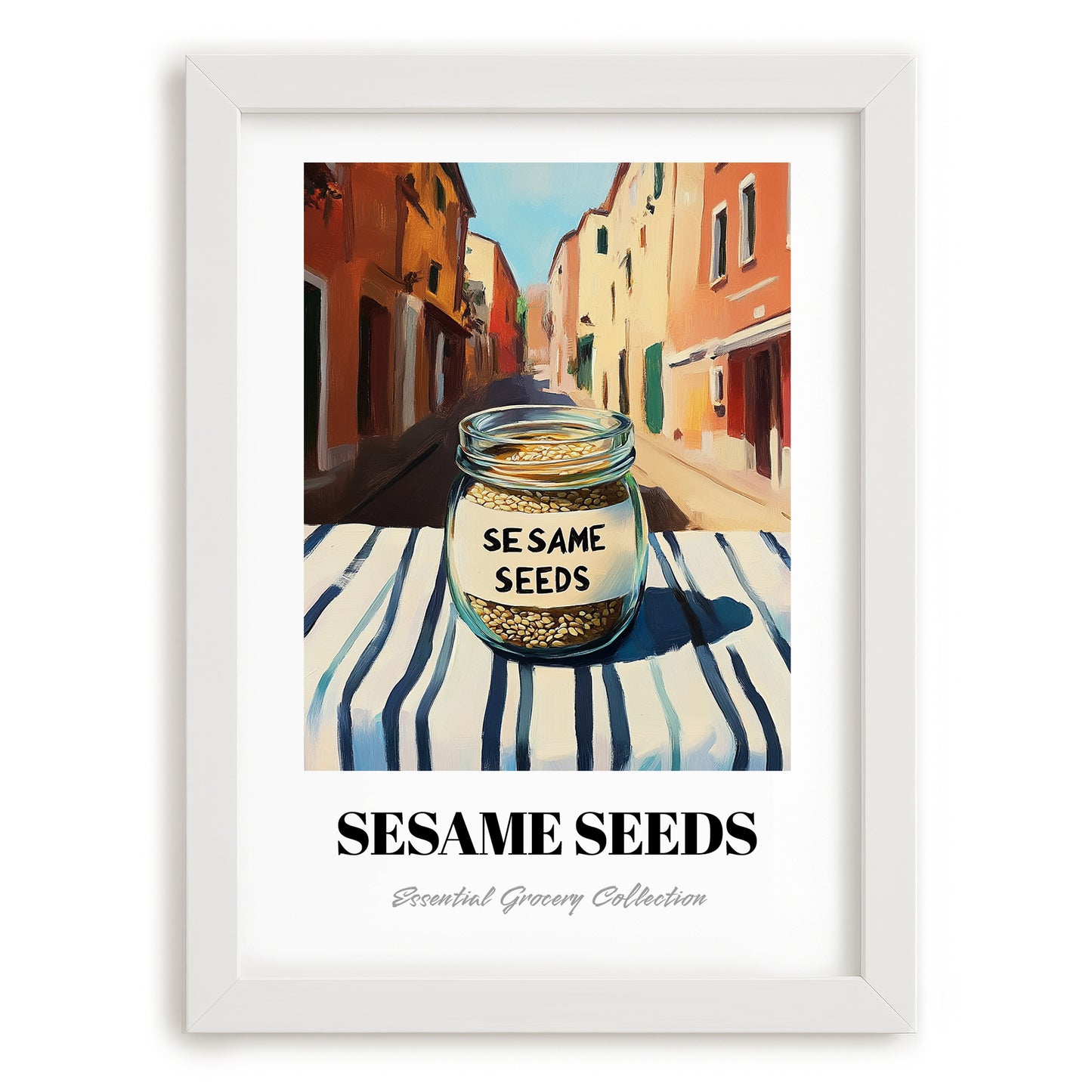 Sesame Seeds – Italian Café on the Corner, Nuts Wall Art, placed in minimal white frame