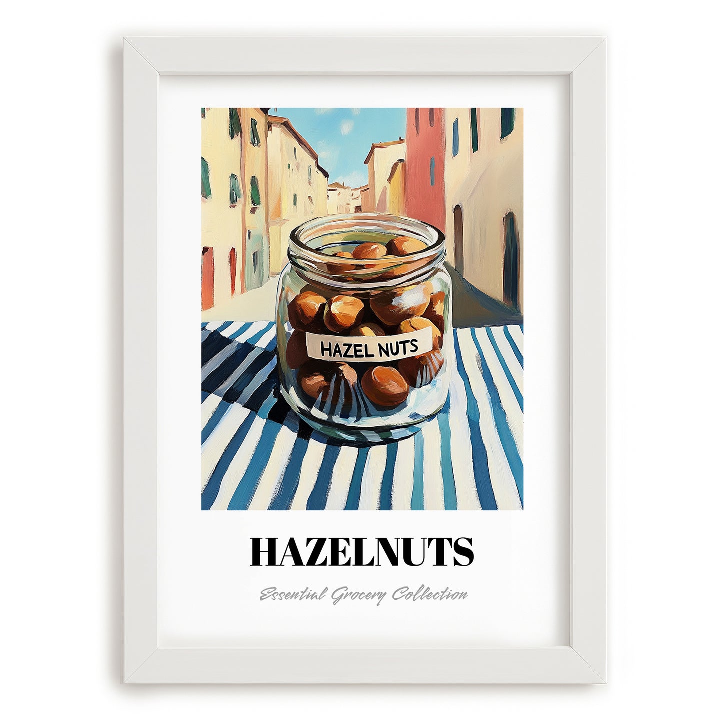 Hazelnuts – Italian Café on the Corner, Nuts Print, placed in minimal white frame