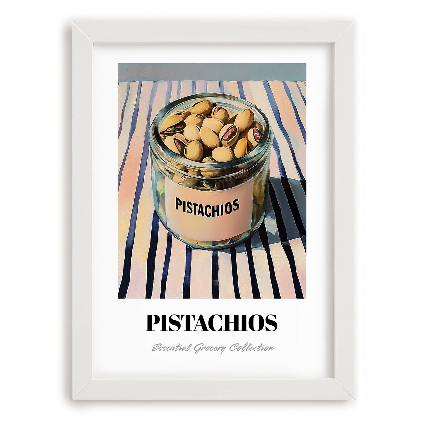 Pistachios – on Striped Tablecloth, Nuts Art, placed in minimal white frame