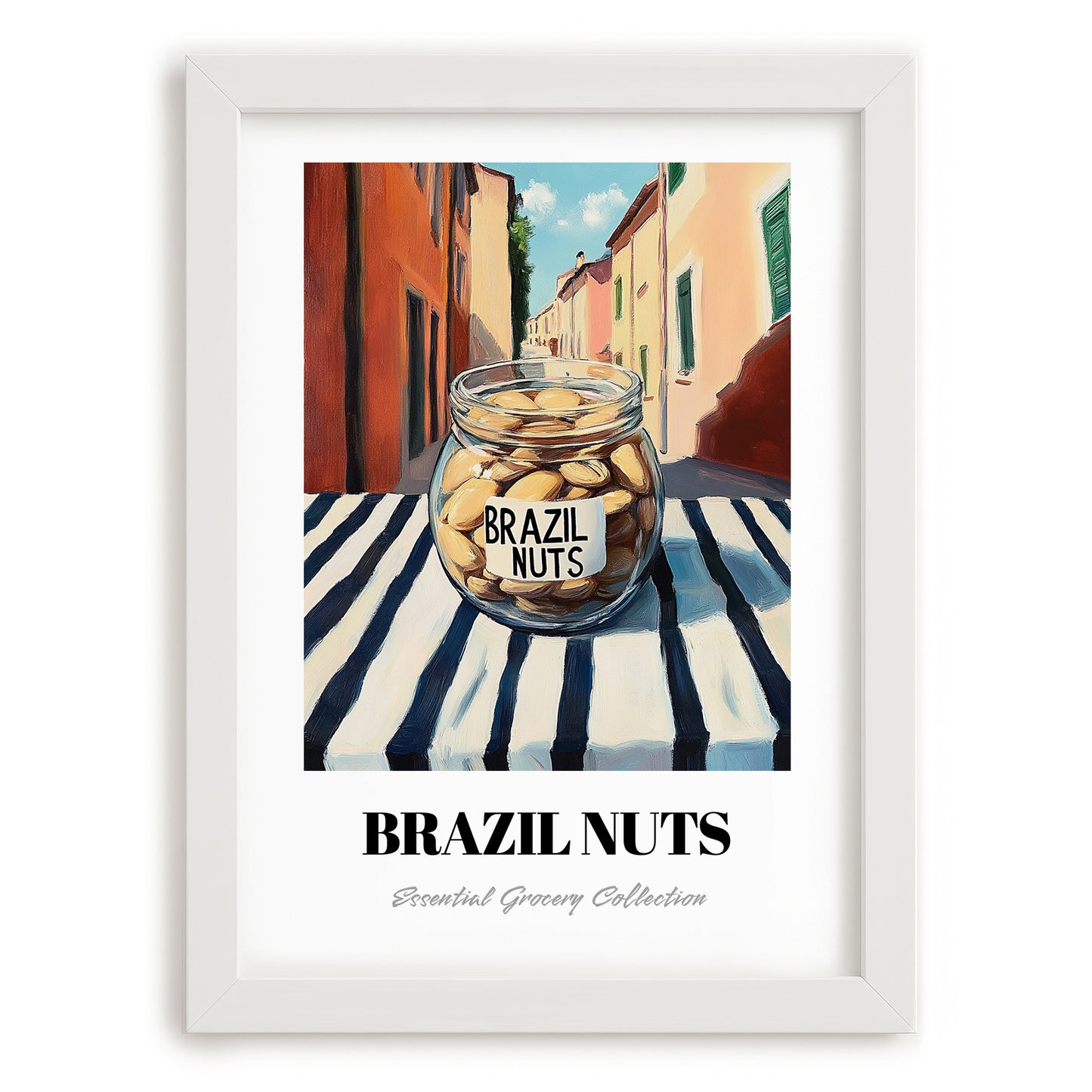 Brazil Nuts – Italian Outdoor Café Scene, Nuts Wall Decor, placed in minimal white frame