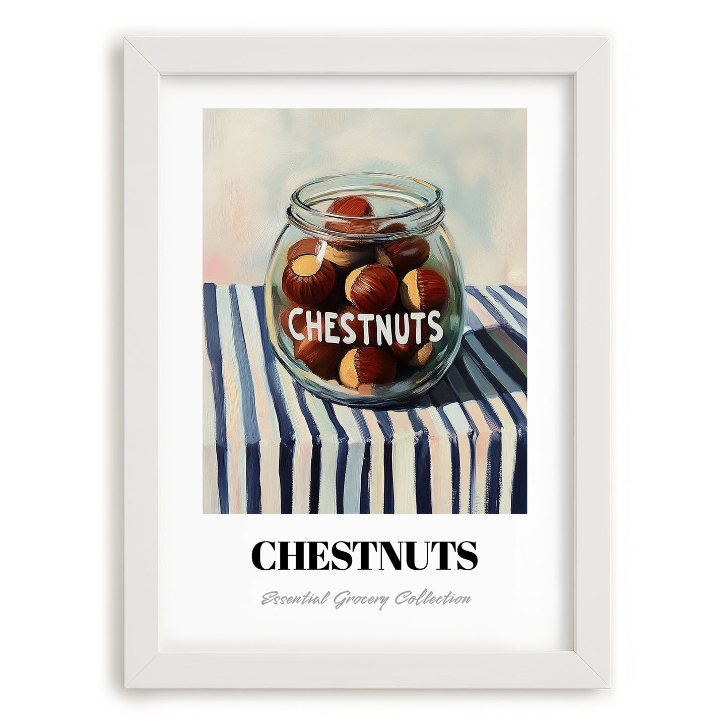 Chestnuts – on Striped Tablecloth, Nuts Print, placed in minimal white frame