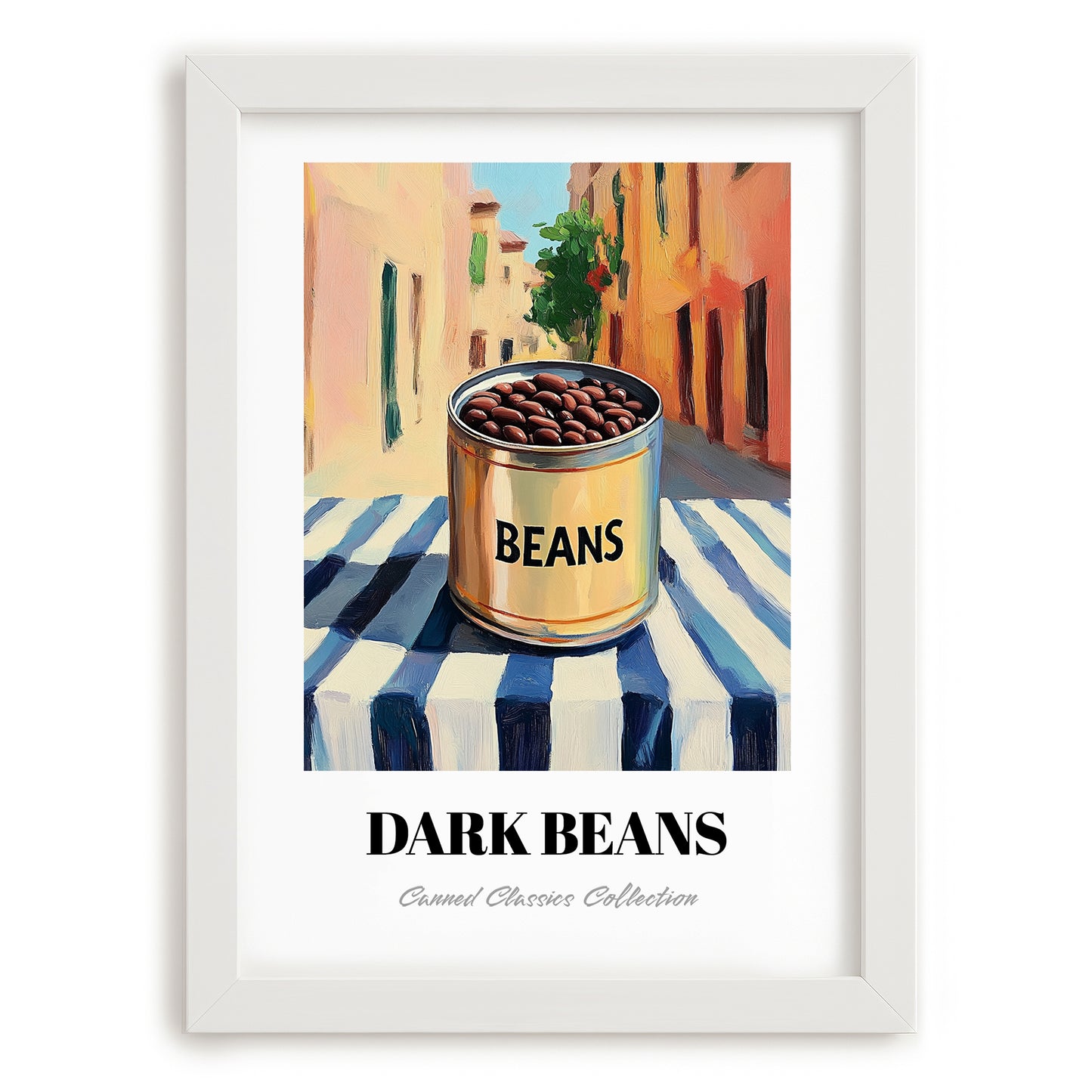 Dark Beans – Italian Urban Café Scene, Canned Vegetables Painting, placed in minimal white frame