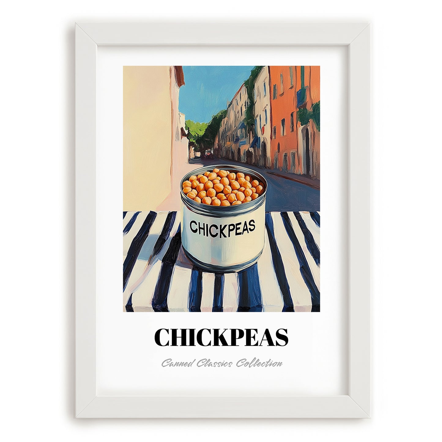 Chickpeas – Italian Café on the Corner, Canned Vegetables Illustration, placed in minimal white frame