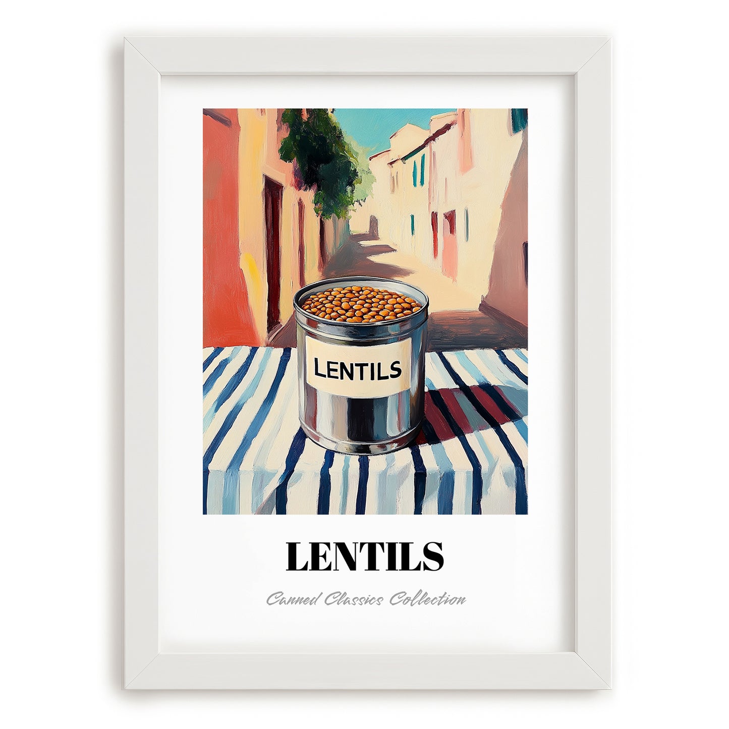 Lentils – Italian Outdoor Café Scene, Canned Vegetables Wall Art, placed in minimal white frame