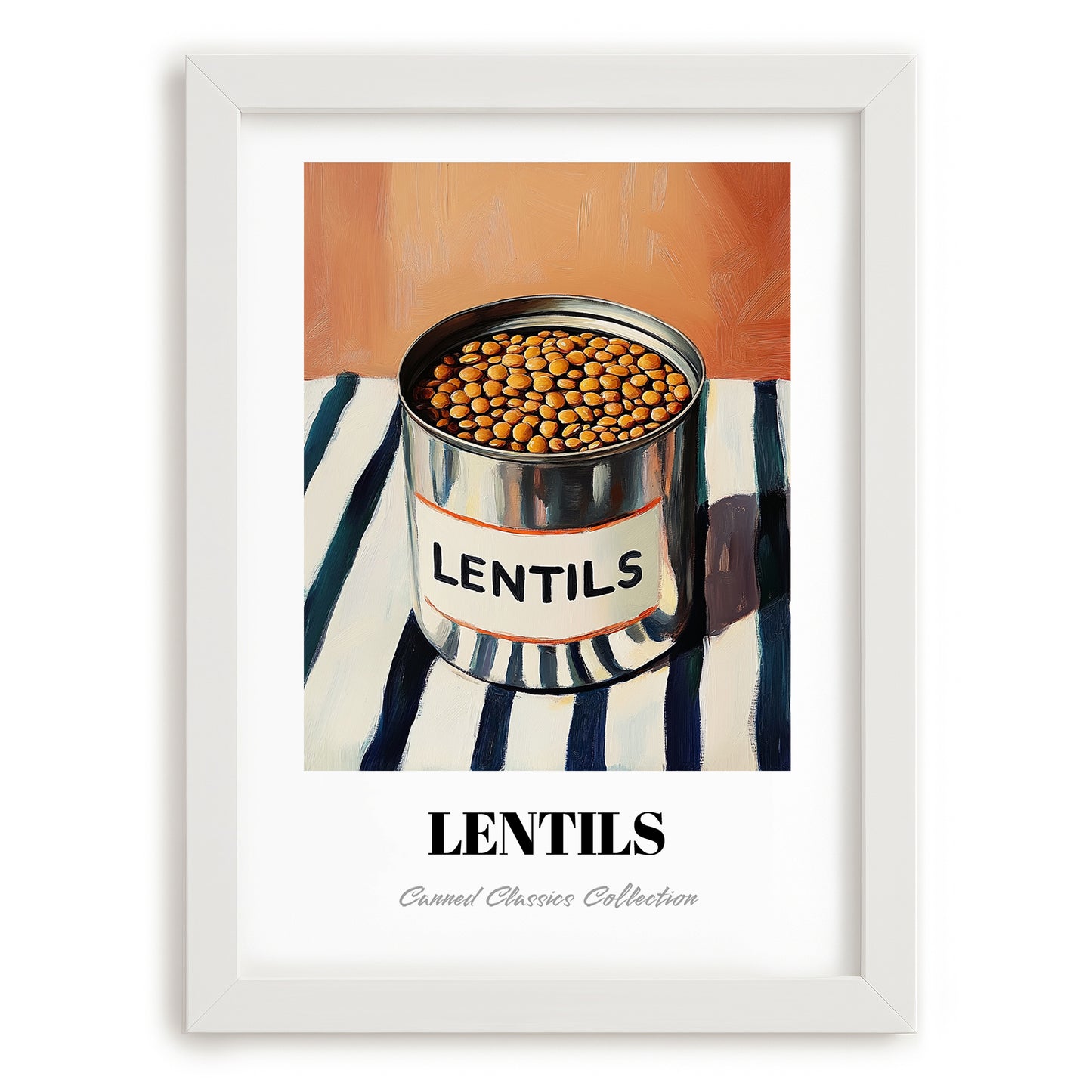 Lentils – on Striped Tablecloth, Canned Vegetables Painting, placed in minimal white frame